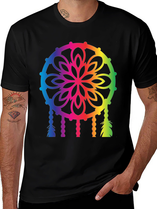 Rainbow Dreamcatcher Graphic Tee - Black Cotton T-Shirt
