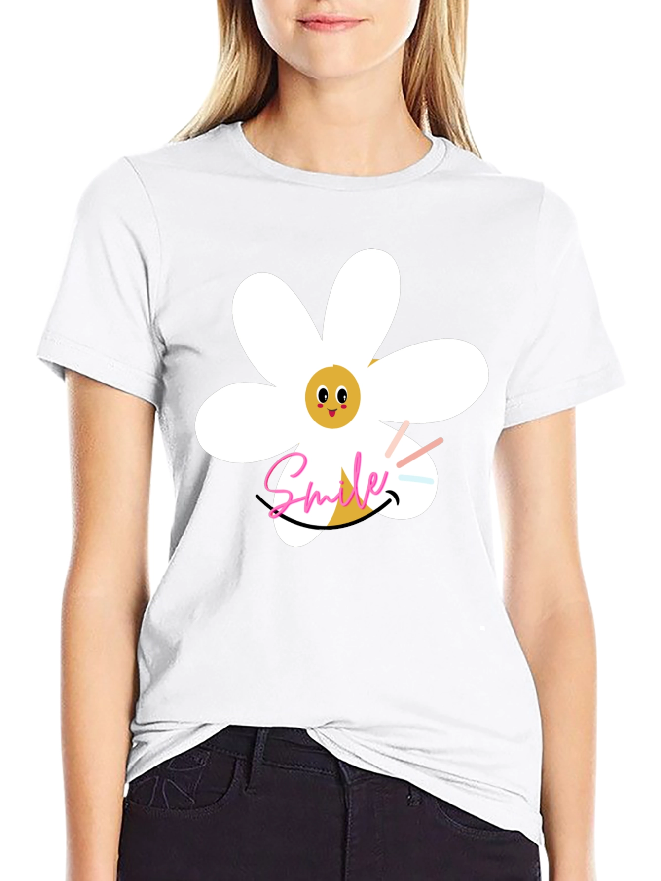 Smile Daisy Graphic Black T-Shirt
