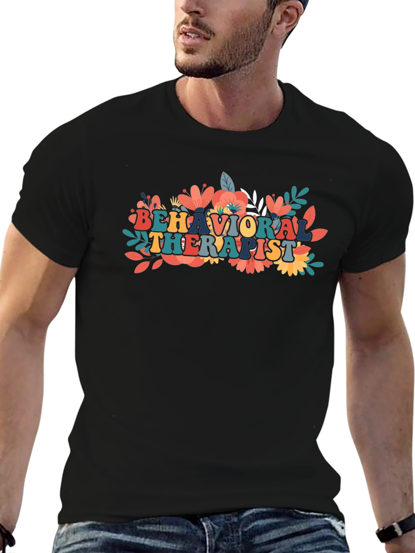 Behavioral Therapist Floral Design Black T-Shirt