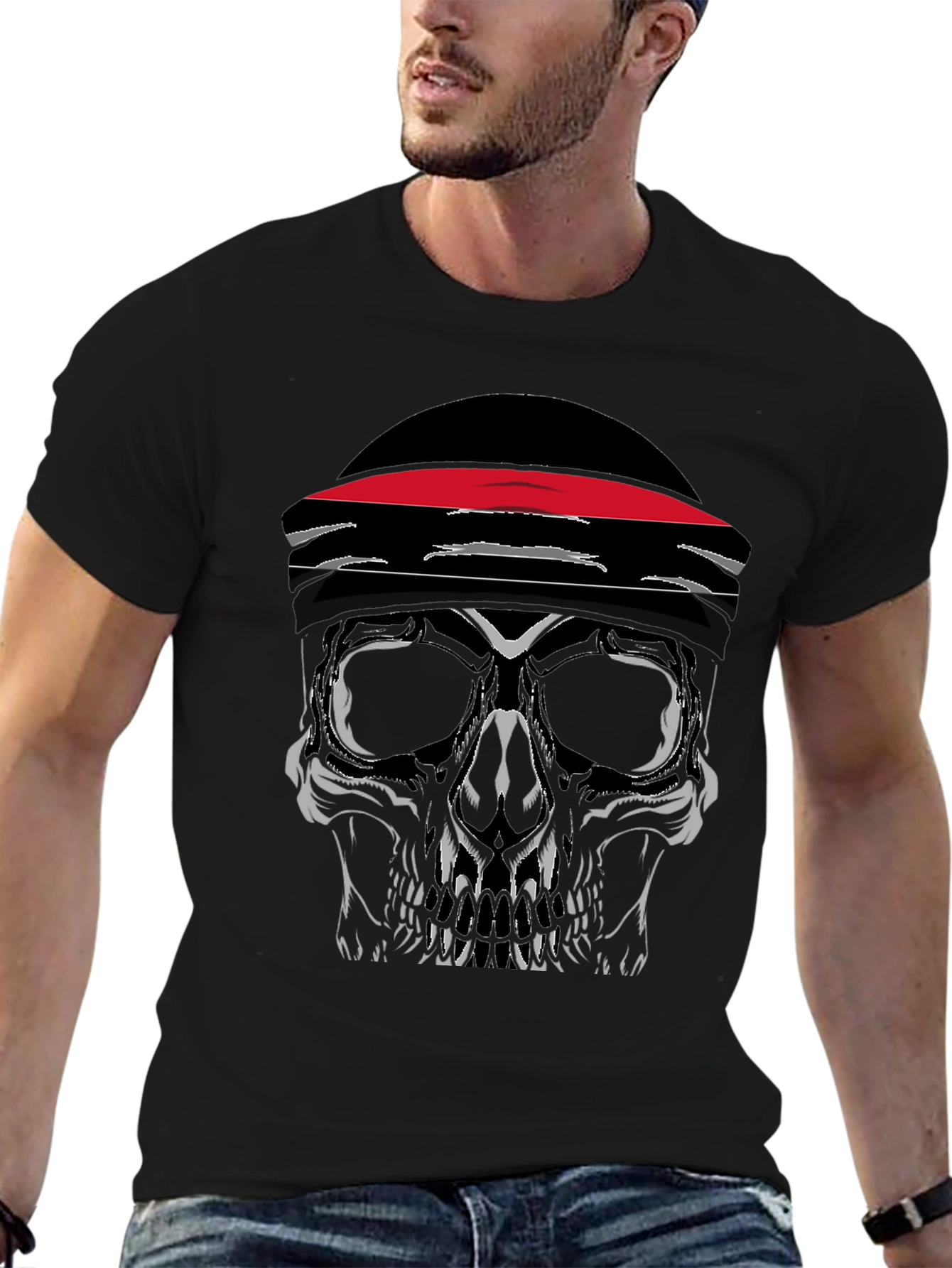 Skull with Headband Graphic Tee - Black
