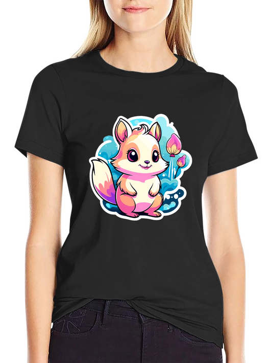Cute Cartoon Squirrel Graphic Tee - Black