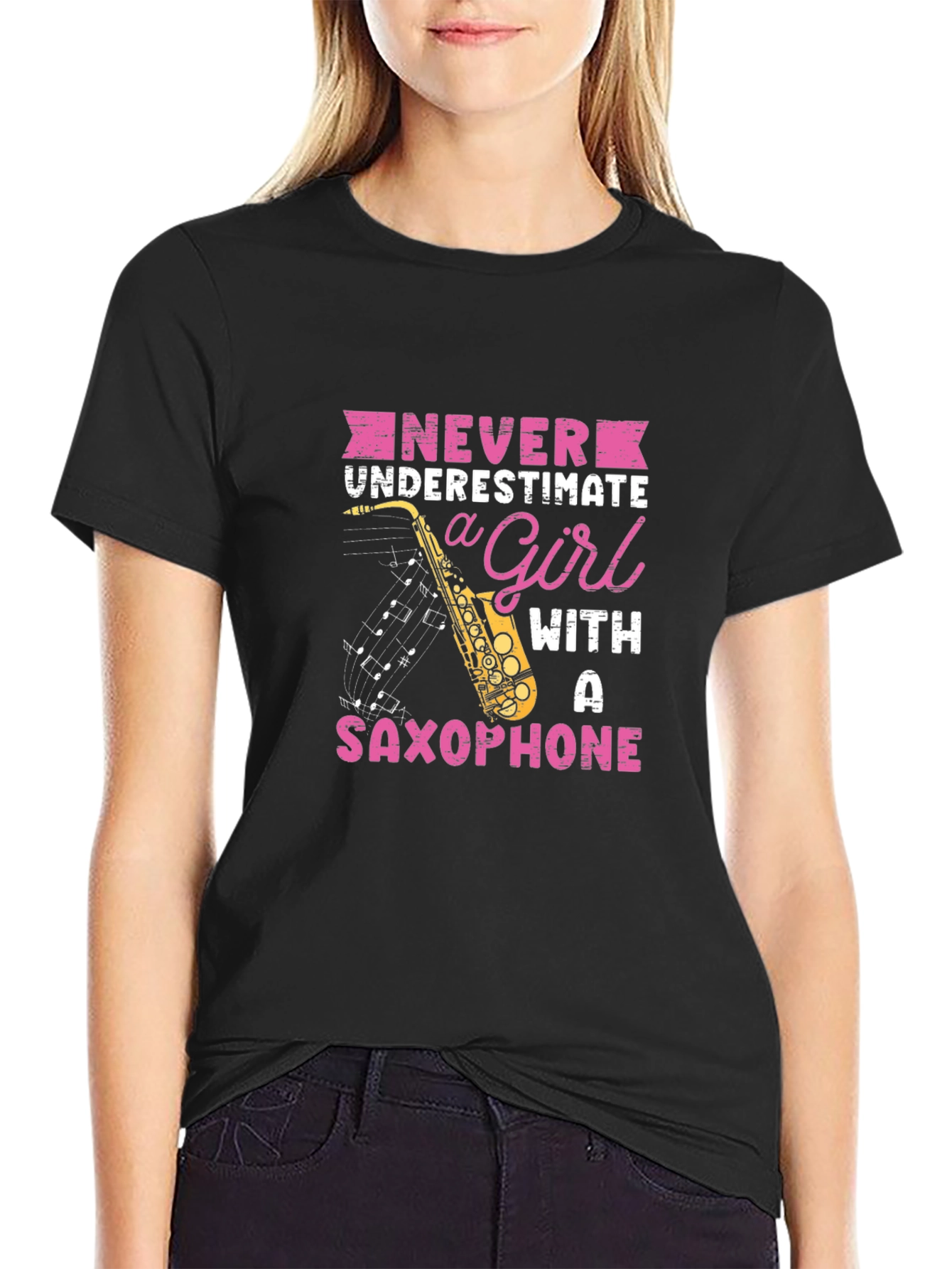 Saxophone Girl Graphic T-Shirt - Never Underestimate!