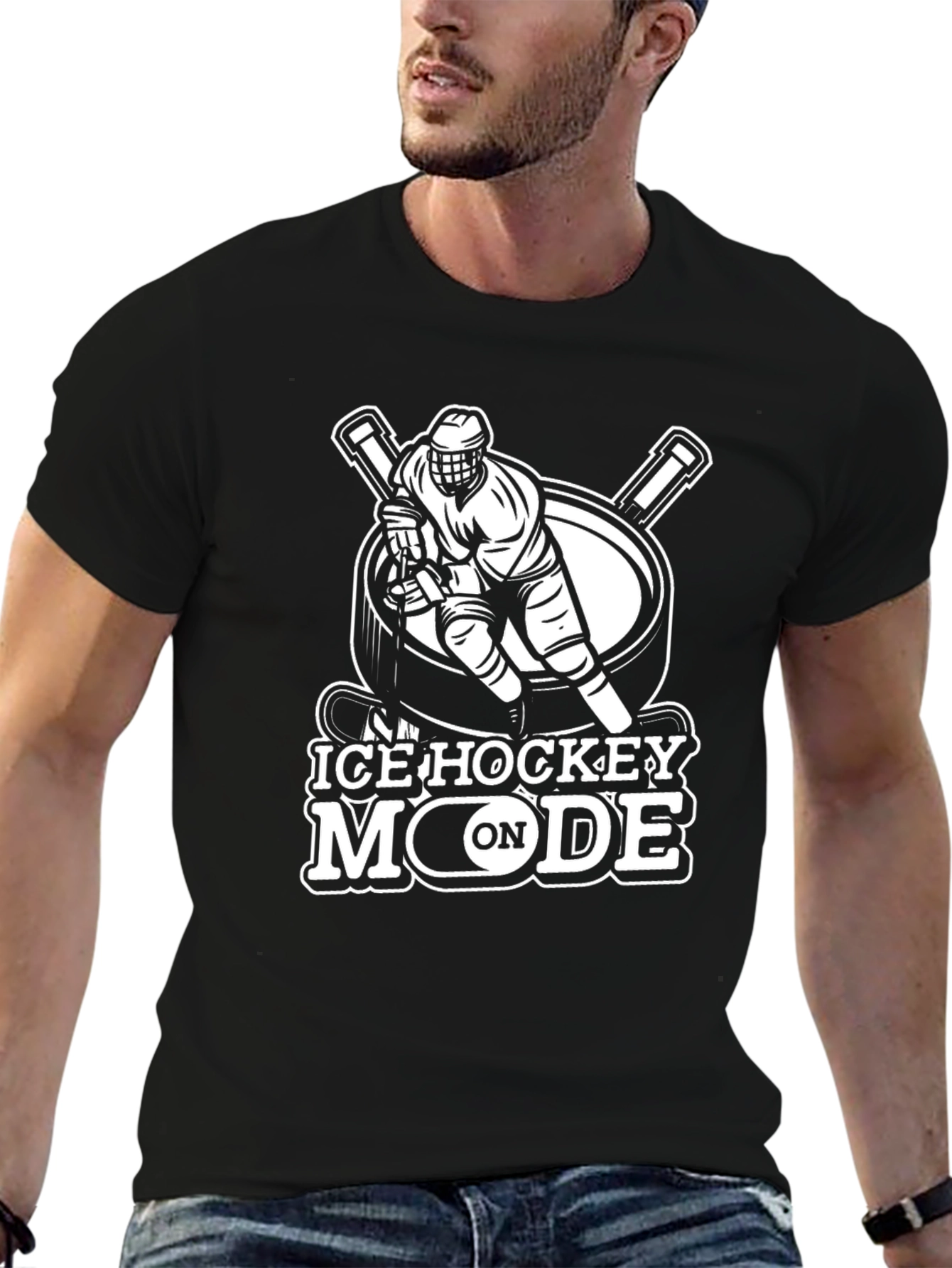 Ice Hockey Mode On Black T-Shirt