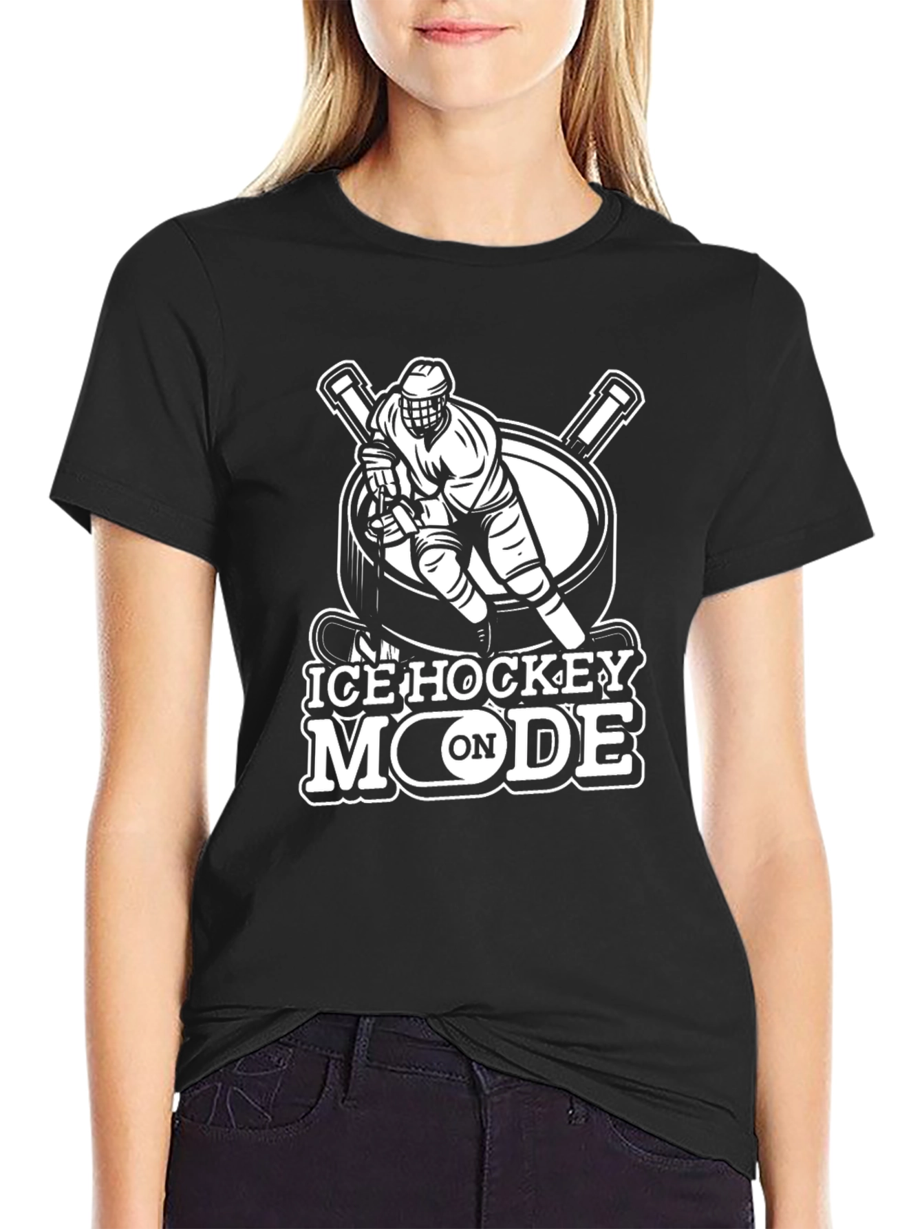Ice Hockey Mode On Black T-Shirt