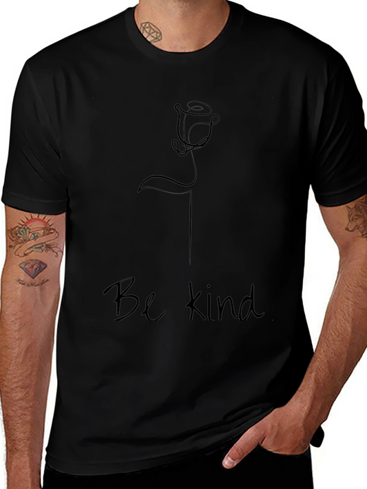 Minimalist Rose Line Art Be Kind Black T-Shirt
