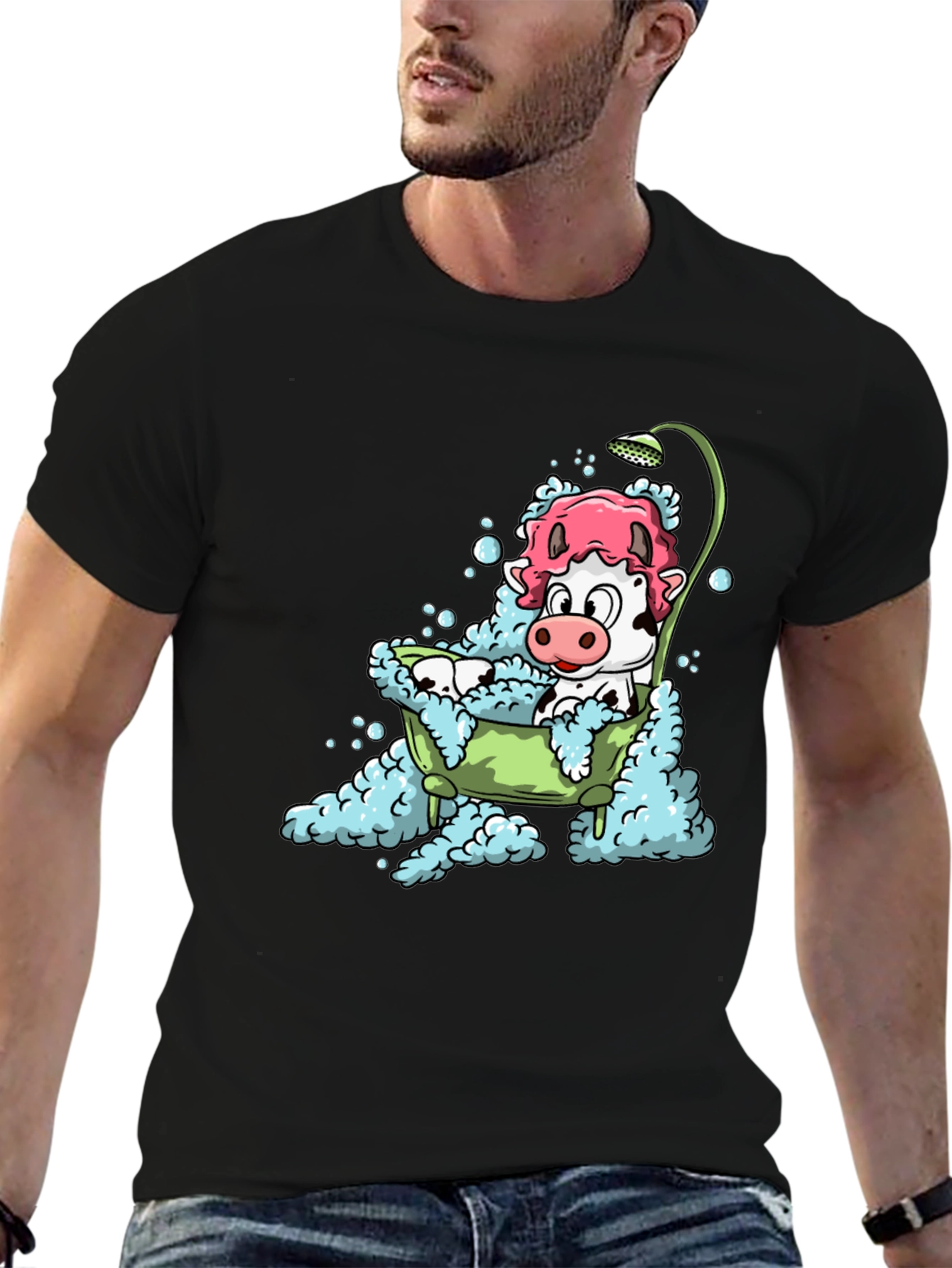 Cow Bathtub T-Shirt - Cartoon Bovine in Bubbles