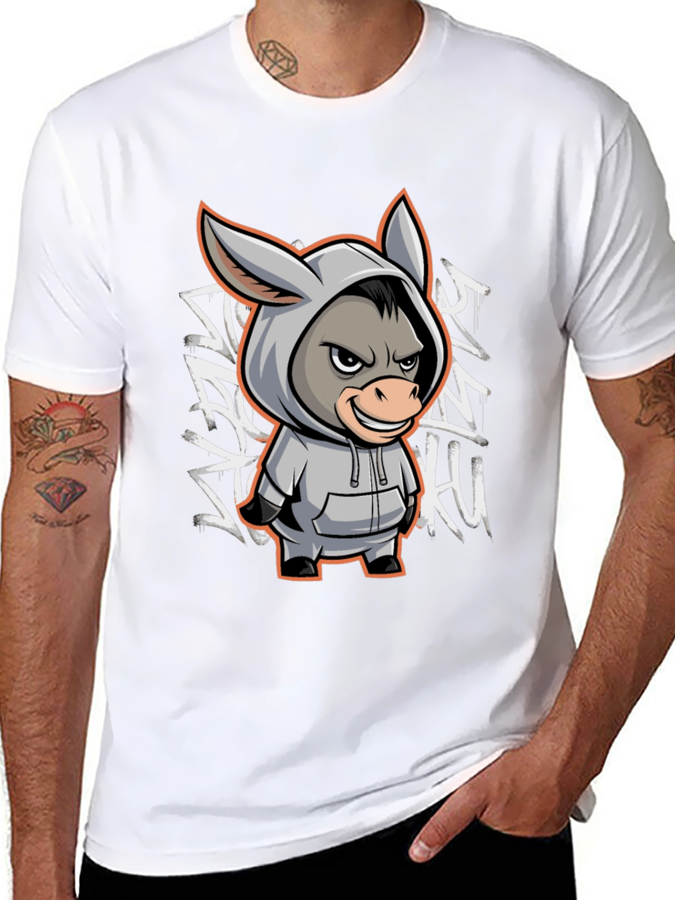 Black T-Shirt with Cartoon Donkey Graphic