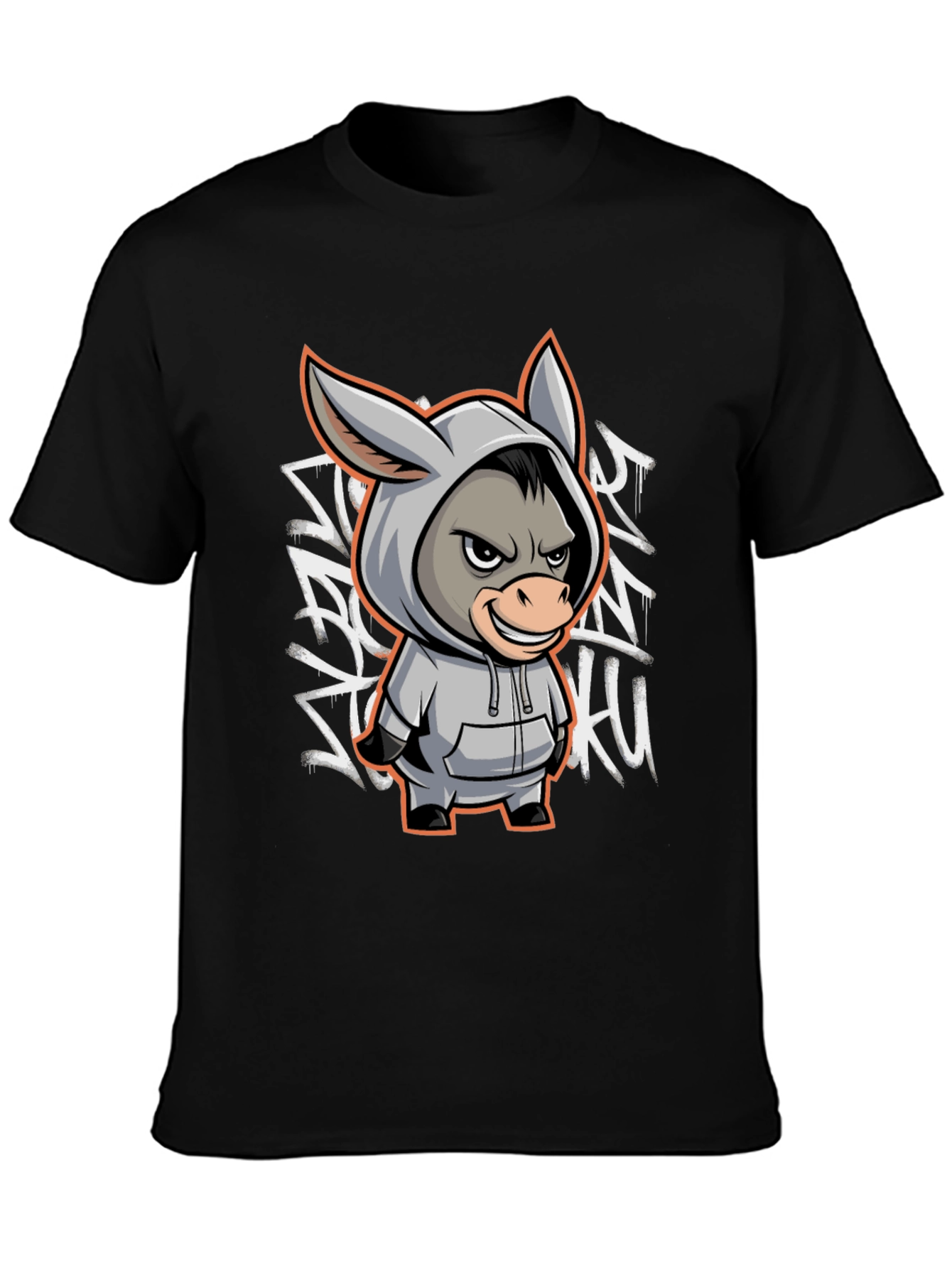 Black T-Shirt with Cartoon Donkey Graphic
