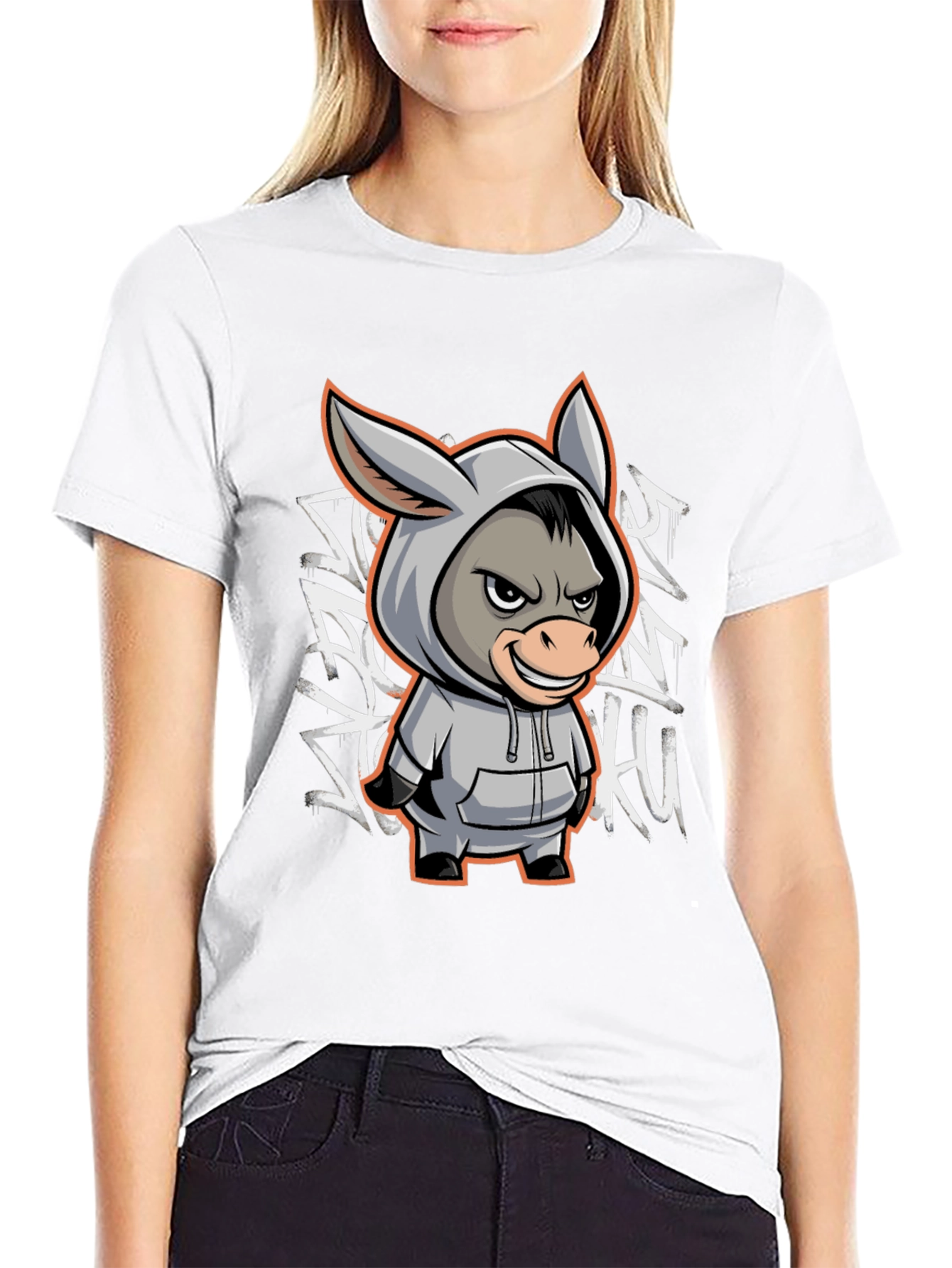 Black T-Shirt with Cartoon Donkey Graphic