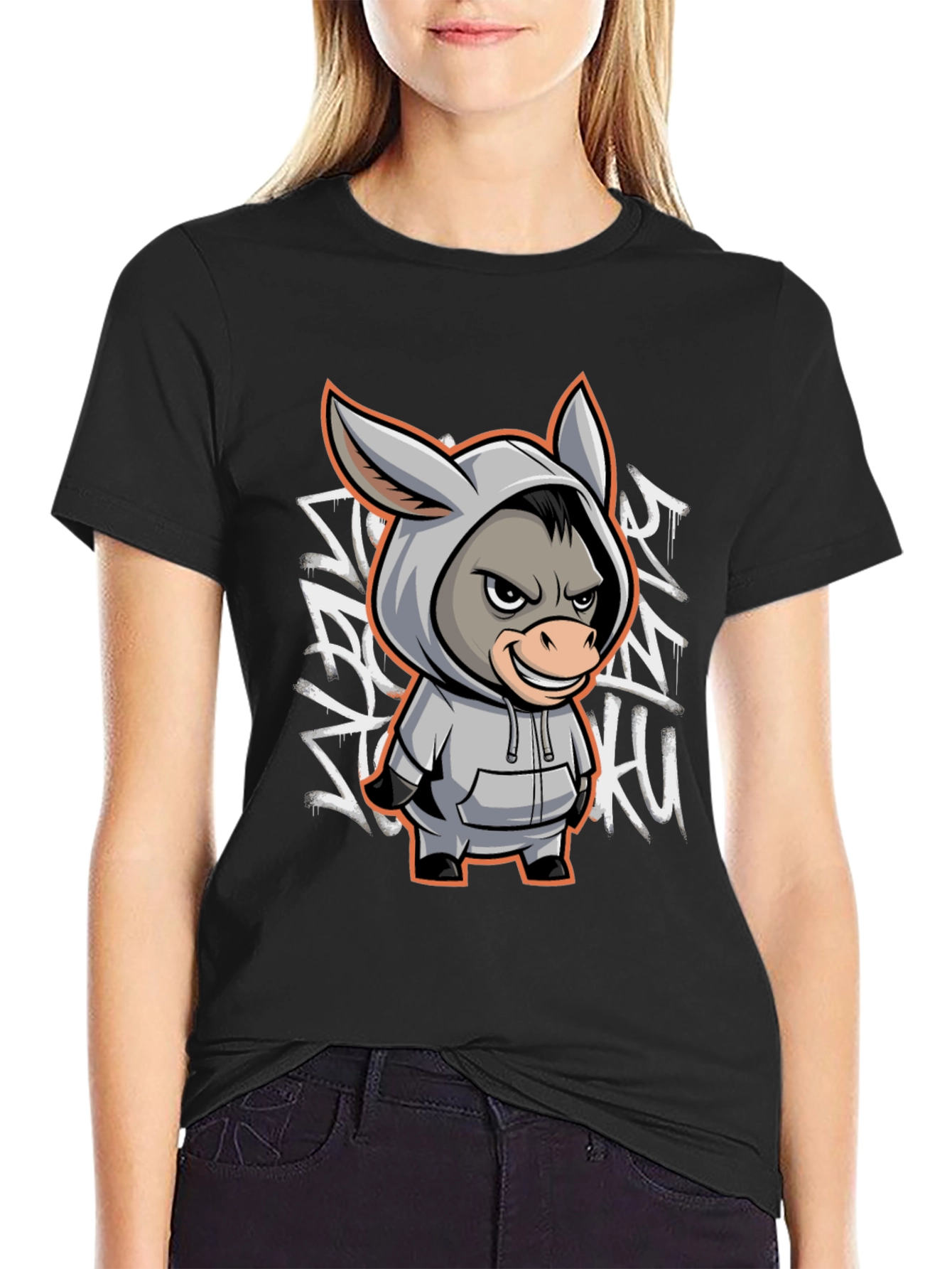 Black T-Shirt with Cartoon Donkey Graphic