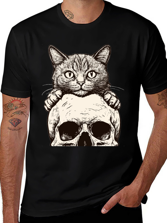 Cat & Skull Graphic Tee - Unique Design
