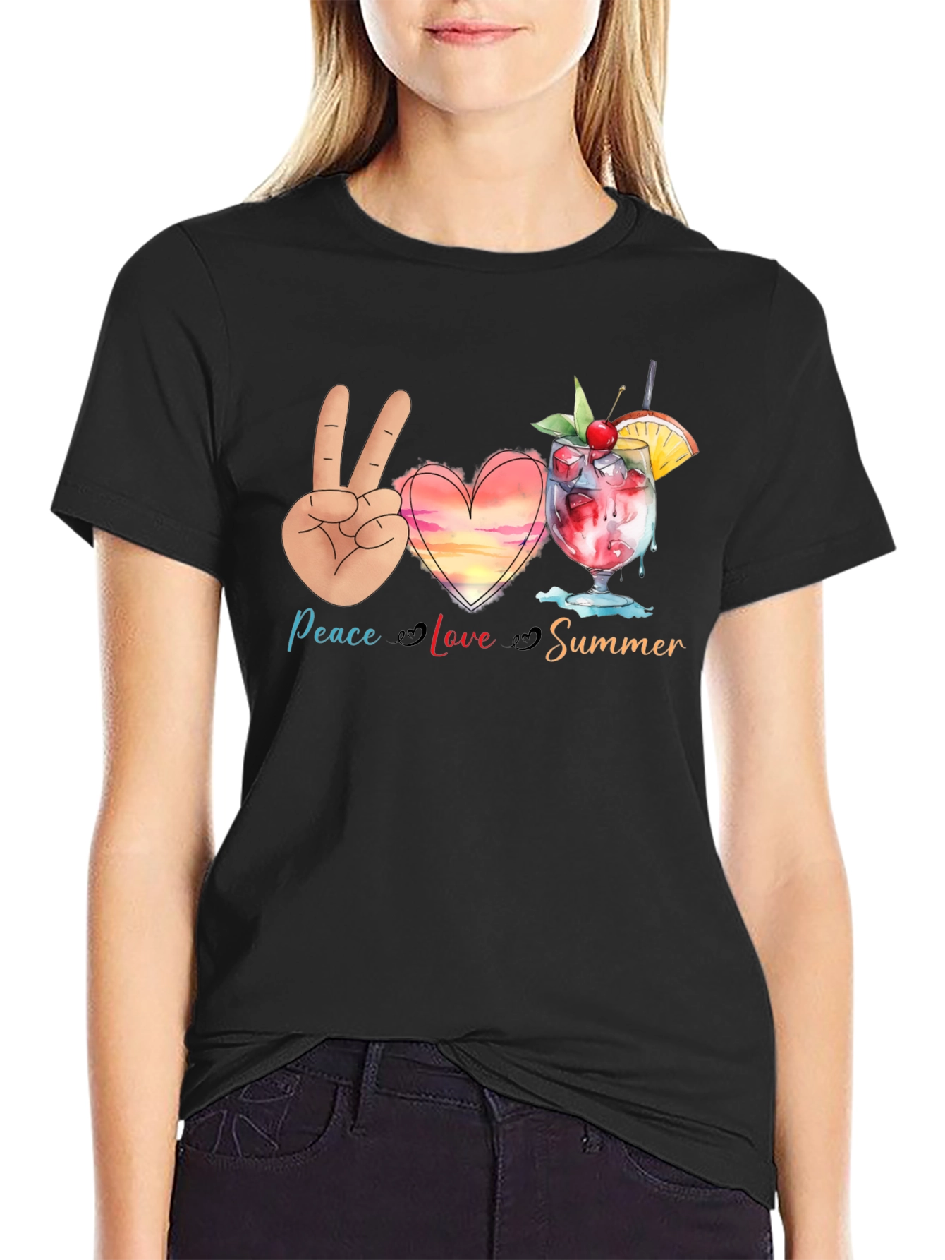 Peace Love Summer Graphic T-Shirt - Black