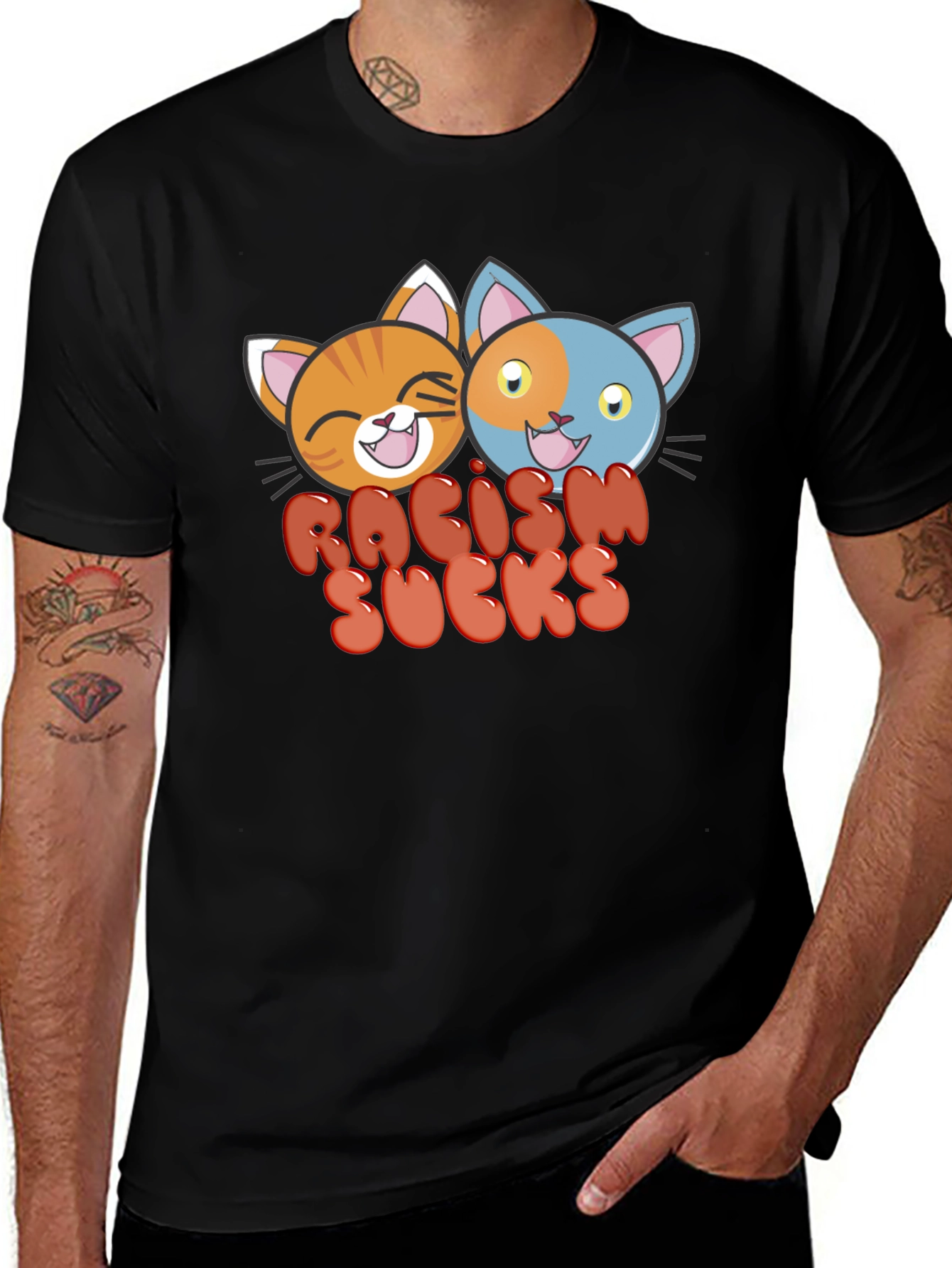 Racism Sucks T-Shirt with Cartoon Cats