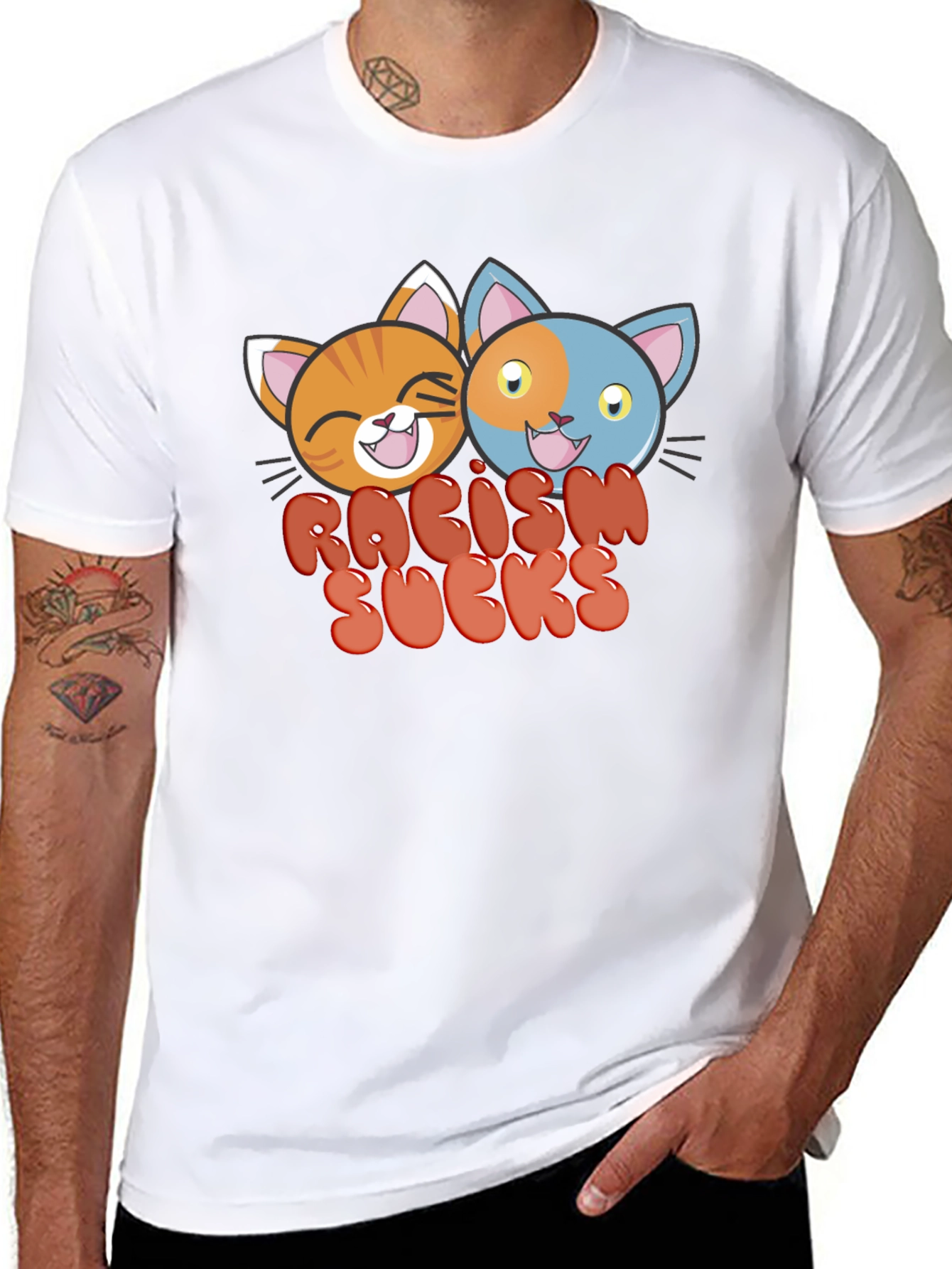 Racism Sucks T-Shirt with Cartoon Cats