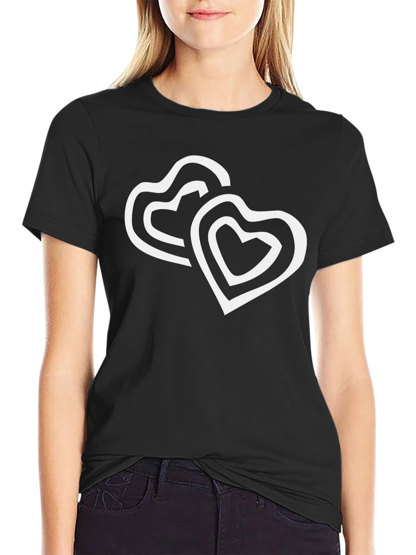 Black T-Shirt with Double Heart Design