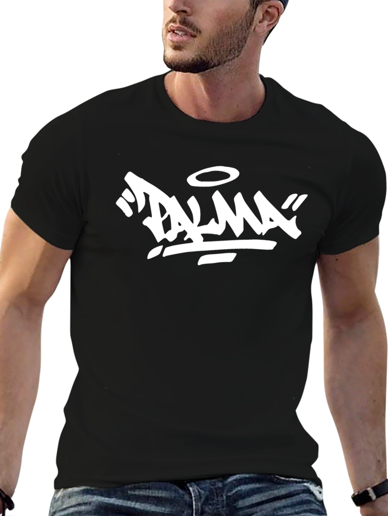 Black T-Shirt with White Palma Graphic