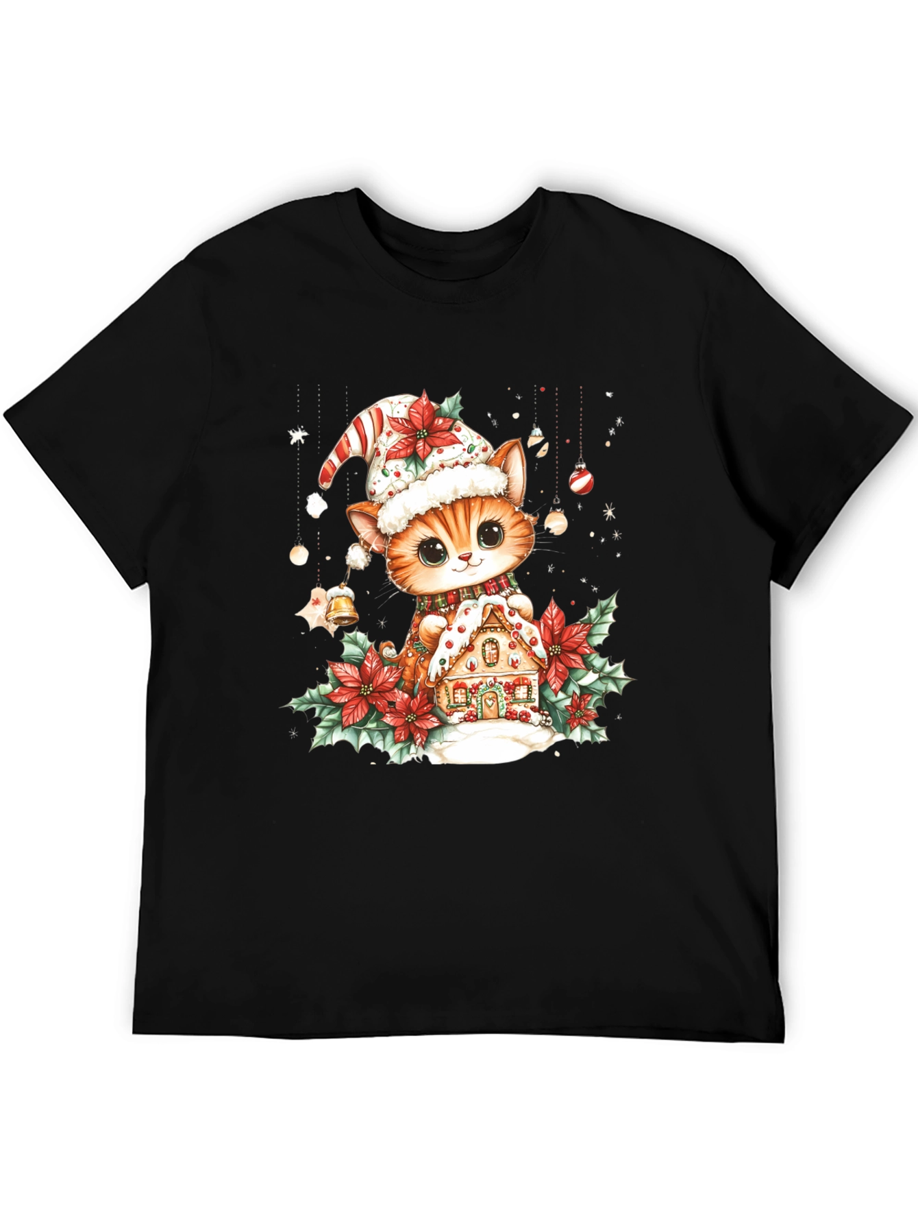 Festive Cat & Gingerbread House Black T-Shirt