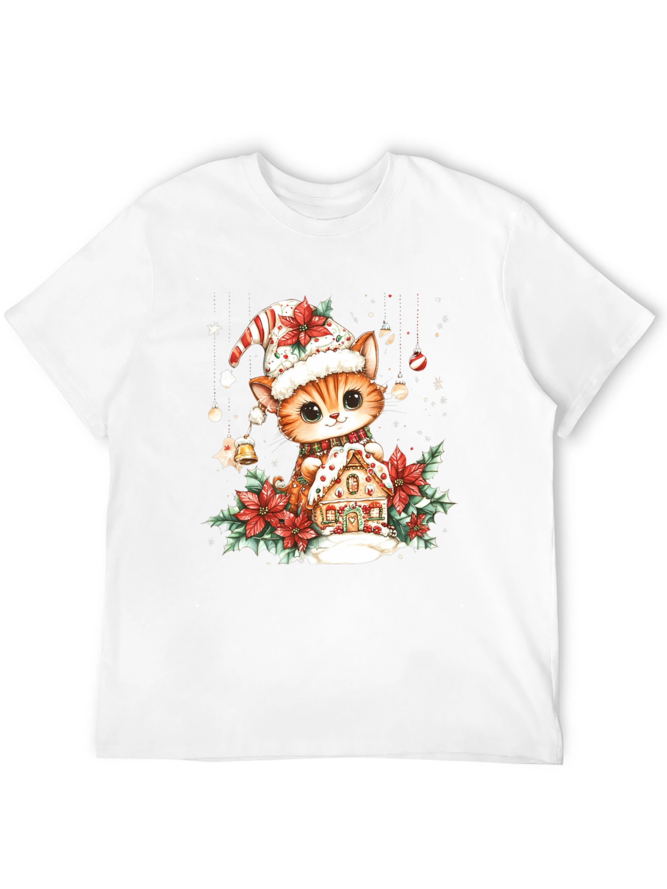 Festive Cat & Gingerbread House Black T-Shirt
