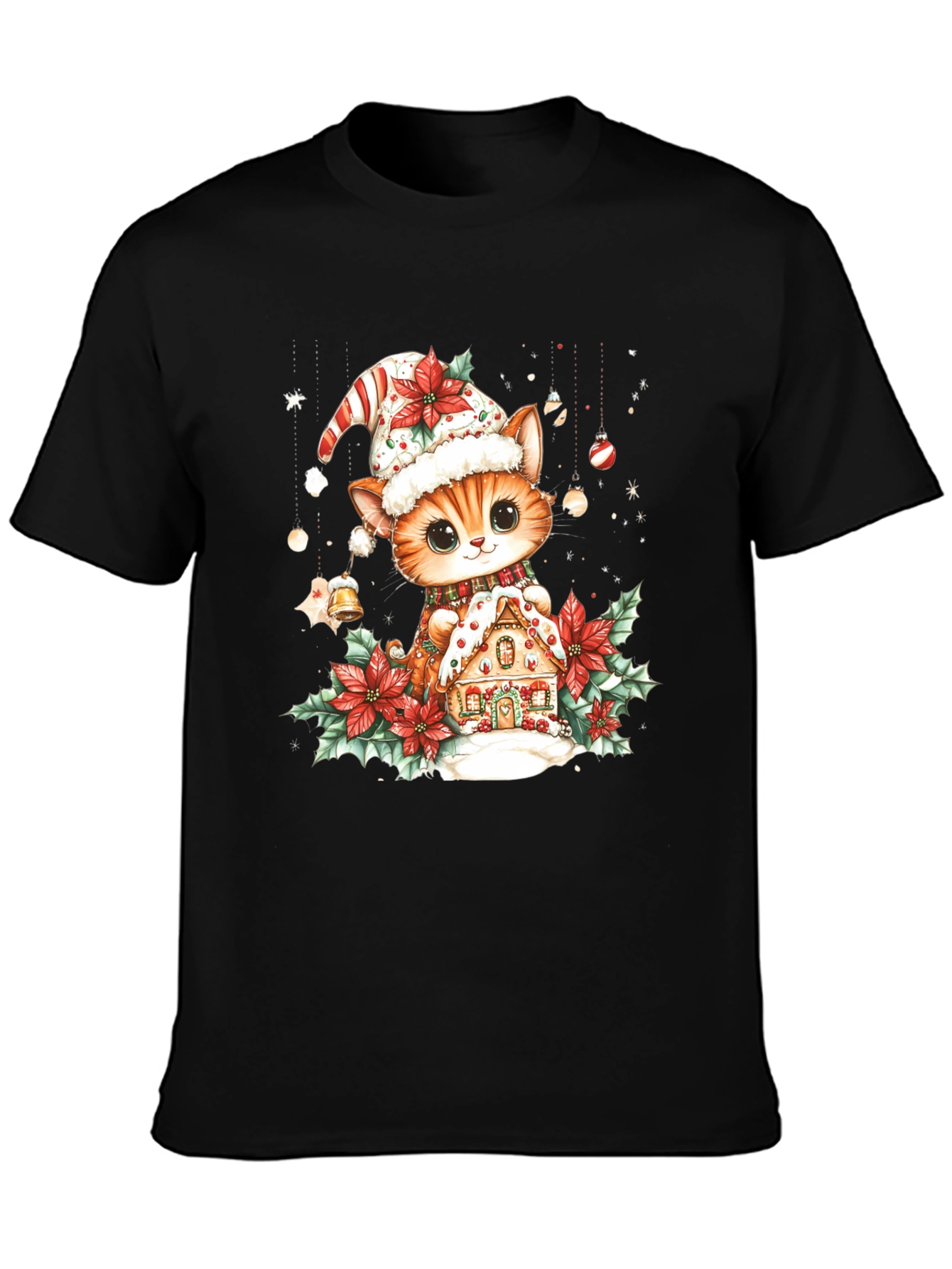 Festive Cat & Gingerbread House Black T-Shirt