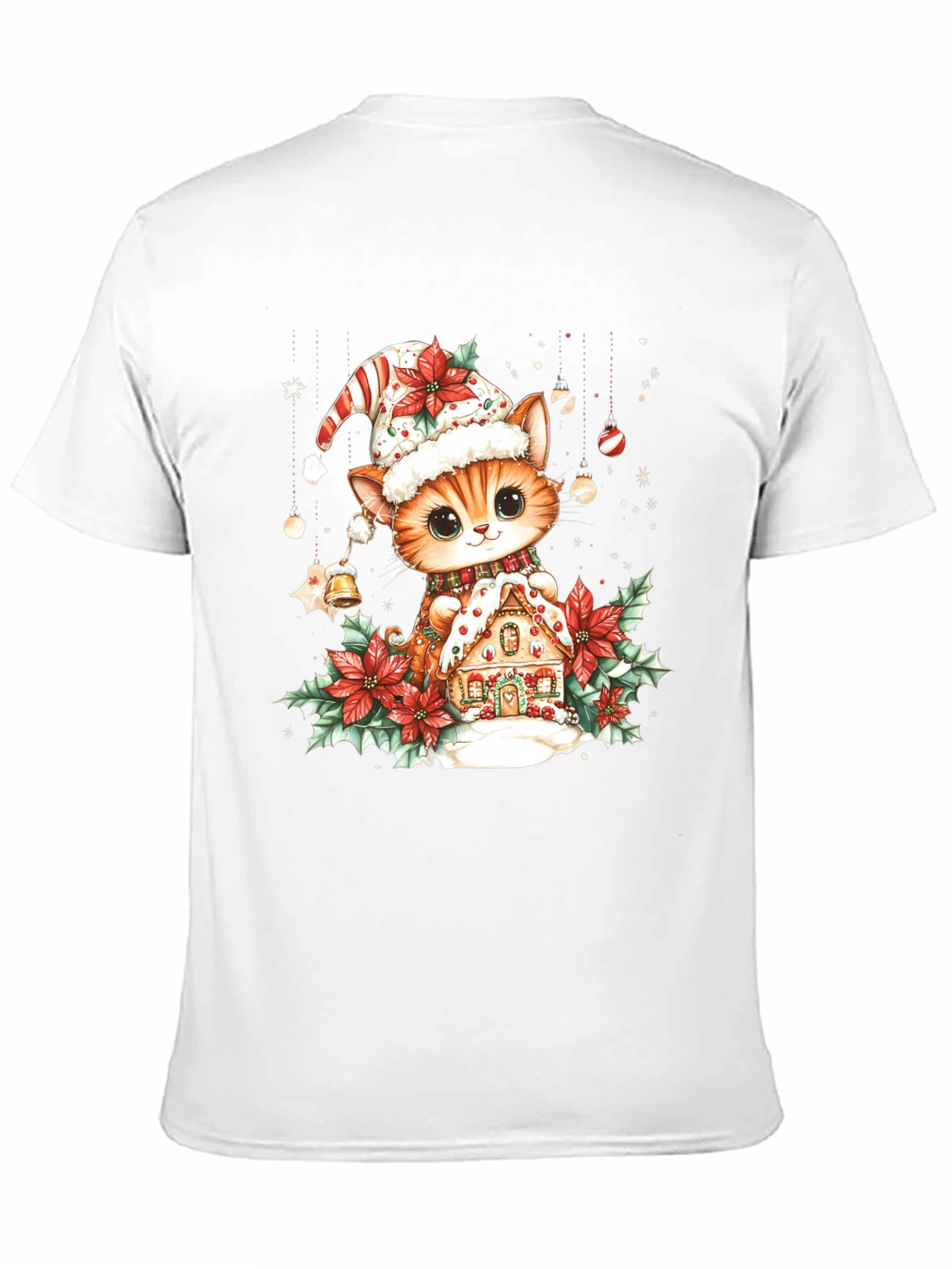 Festive Cat & Gingerbread House Black T-Shirt