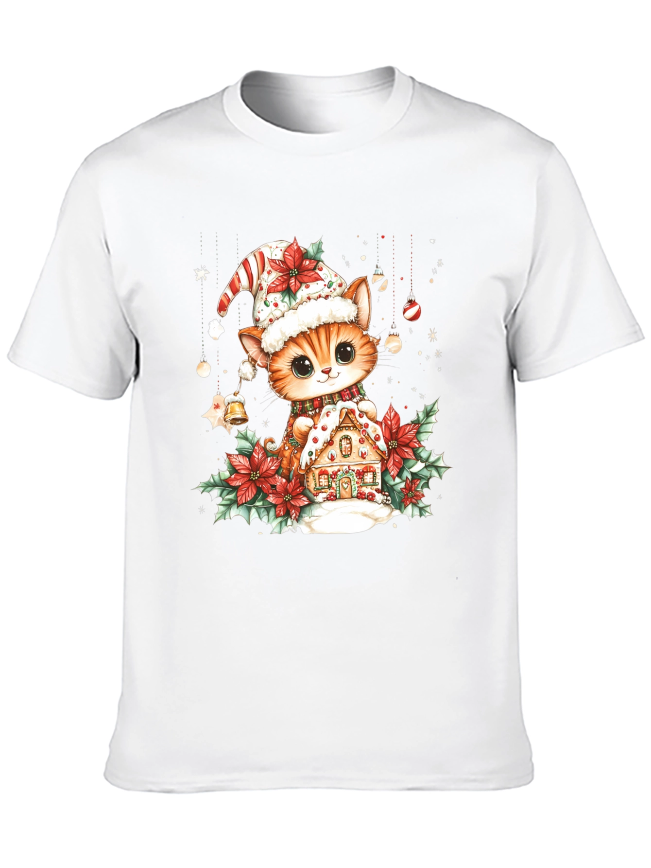 Festive Cat & Gingerbread House Black T-Shirt