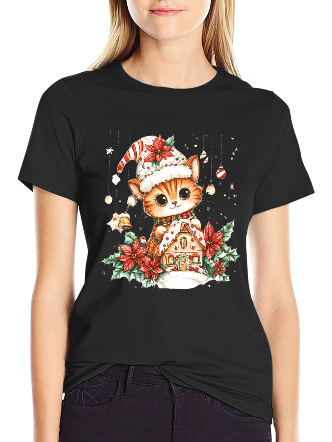 Festive Cat & Gingerbread House Black T-Shirt