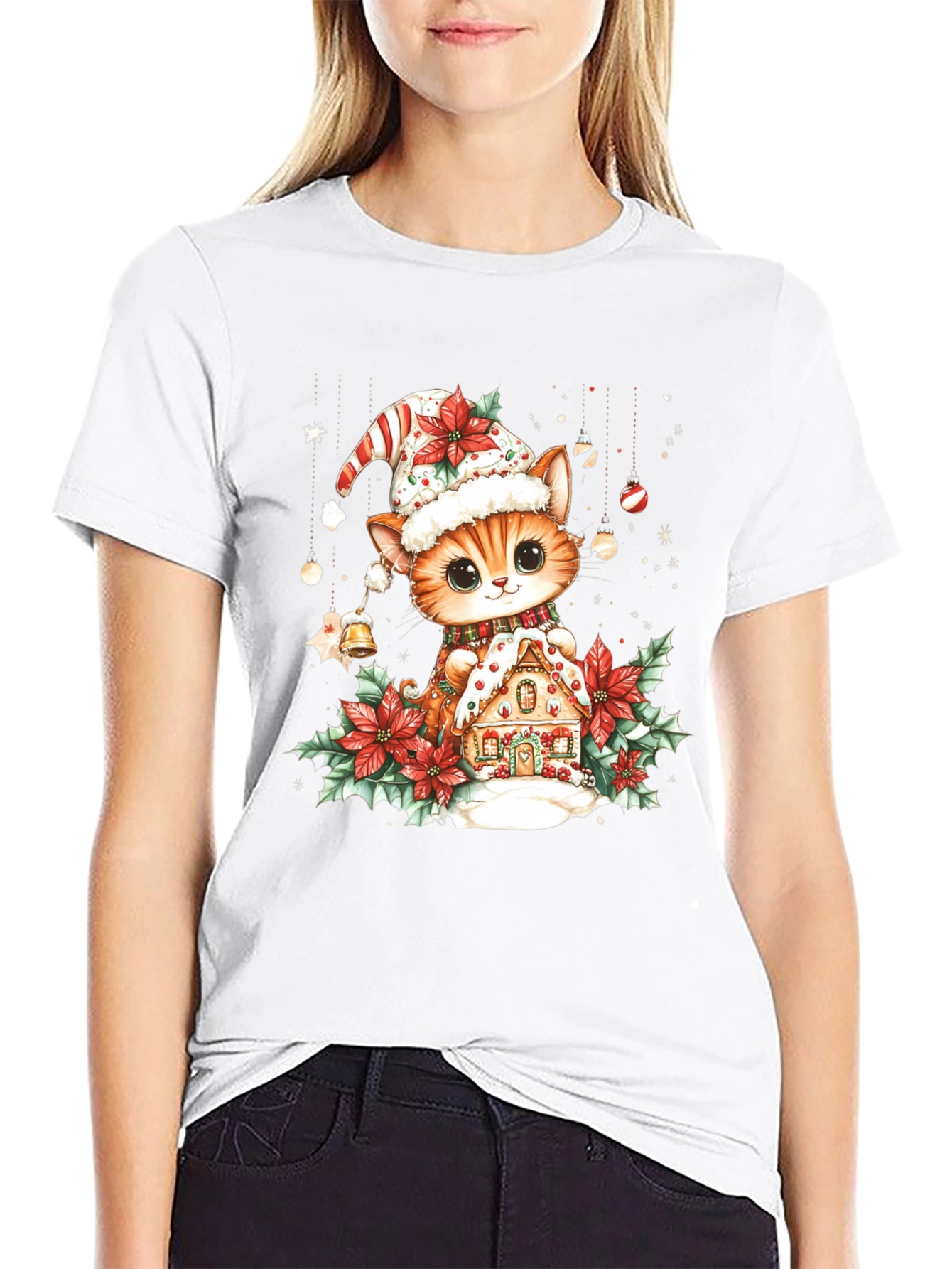 Festive Cat & Gingerbread House Black T-Shirt
