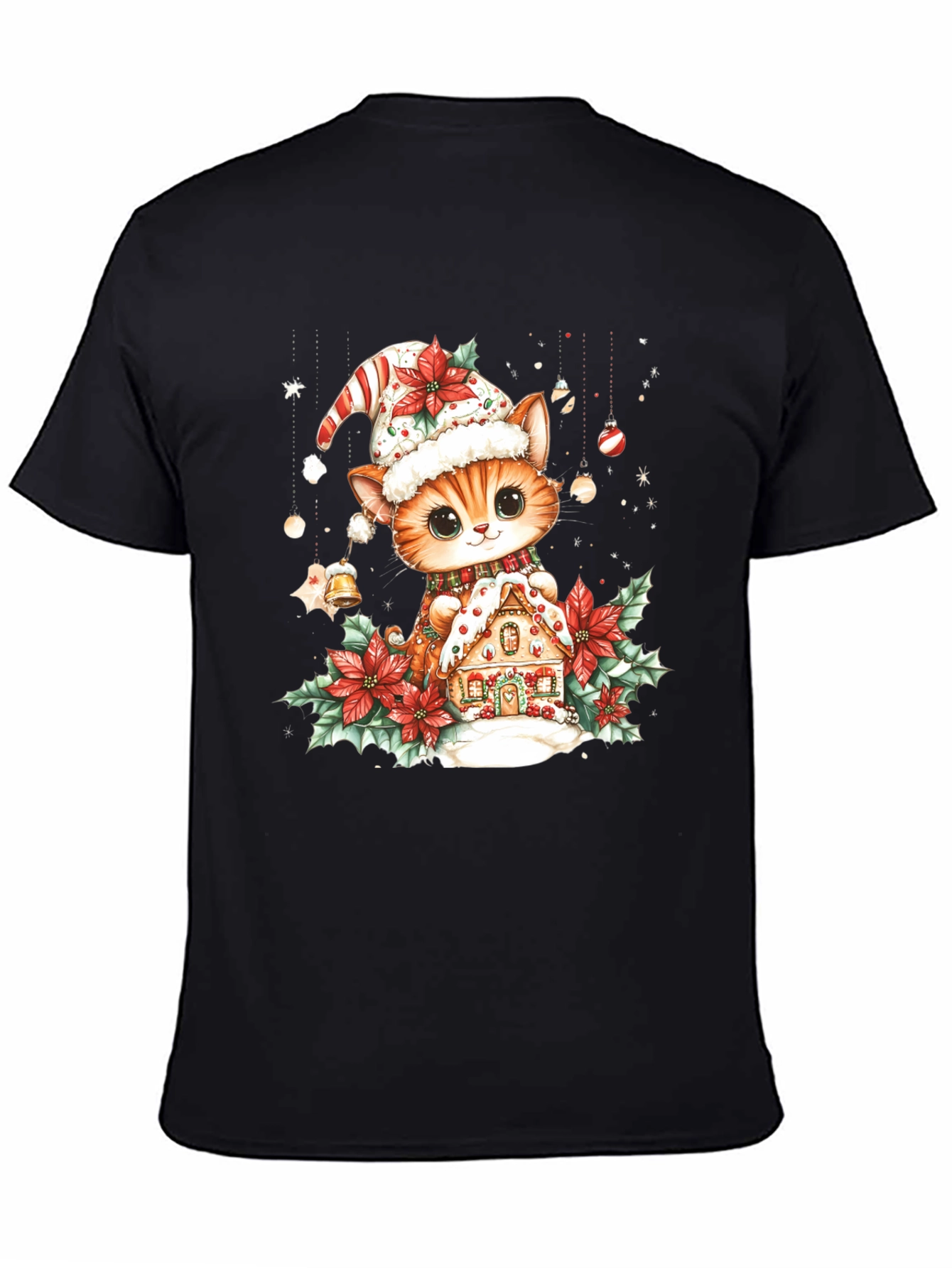 Festive Cat & Gingerbread House Black T-Shirt