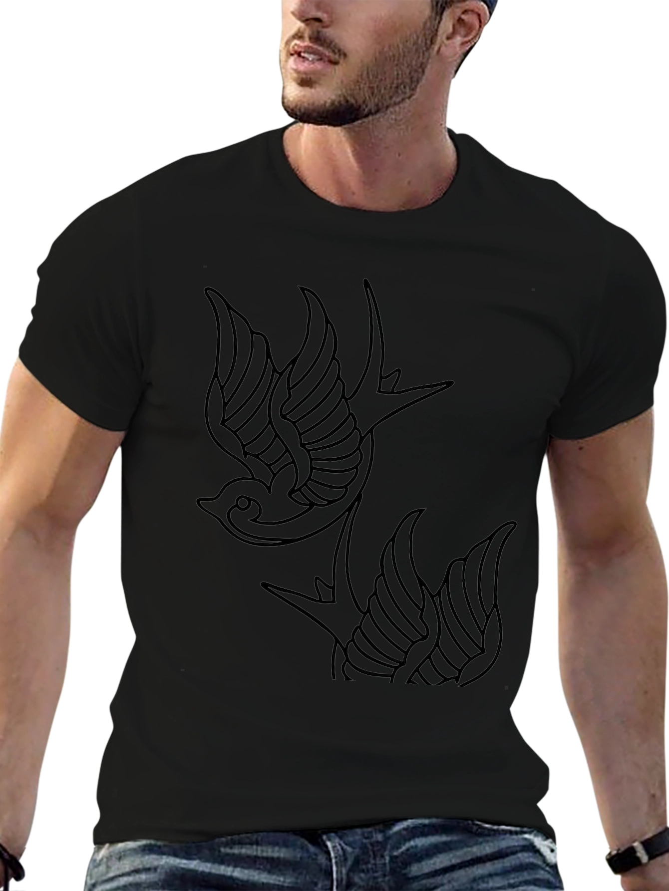 Swallow Tattoo Style Graphic Tee - Classic Black
