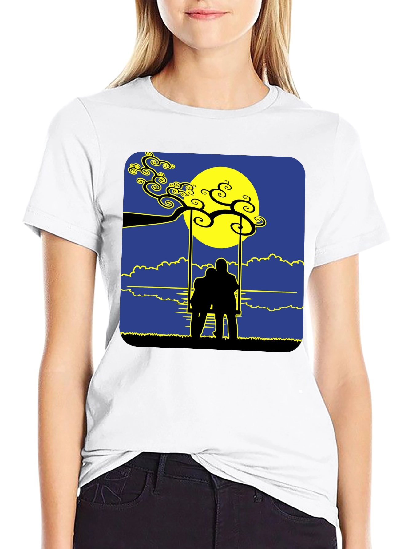 Romantic Silhouette Tee: Lovers on a Swing at Moonrise