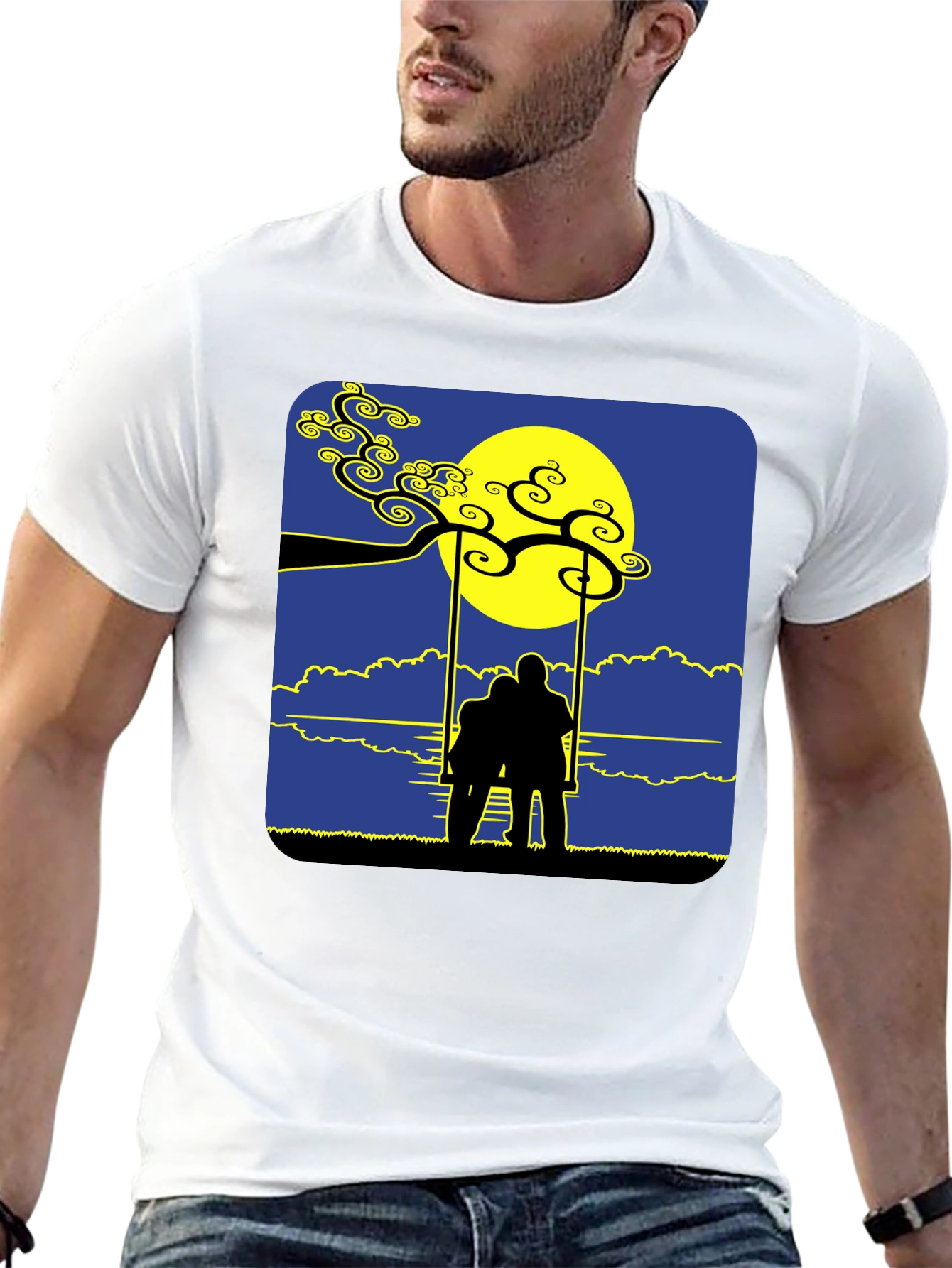 Romantic Silhouette Tee: Lovers on a Swing at Moonrise