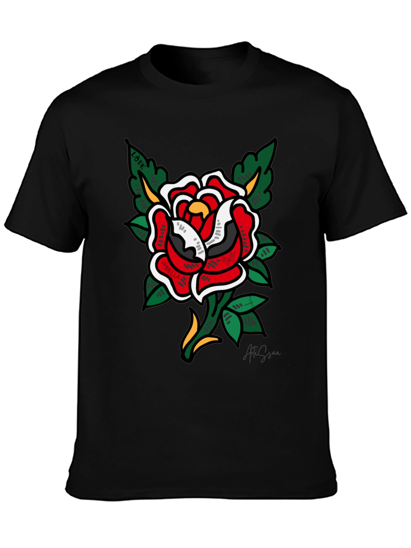 Classic Rose Tattoo Graphic Black T-Shirt