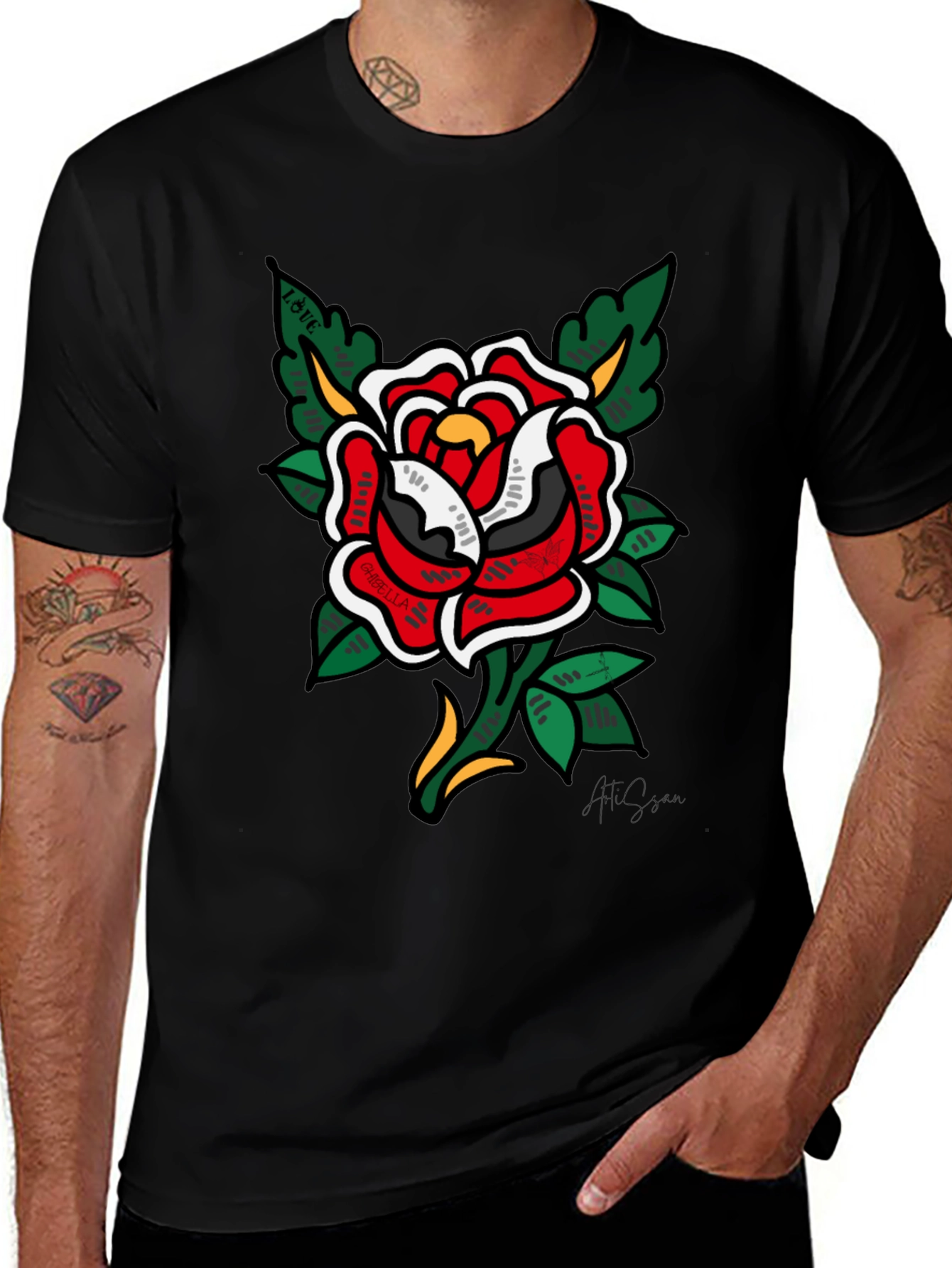 Classic Rose Tattoo Graphic Black T-Shirt