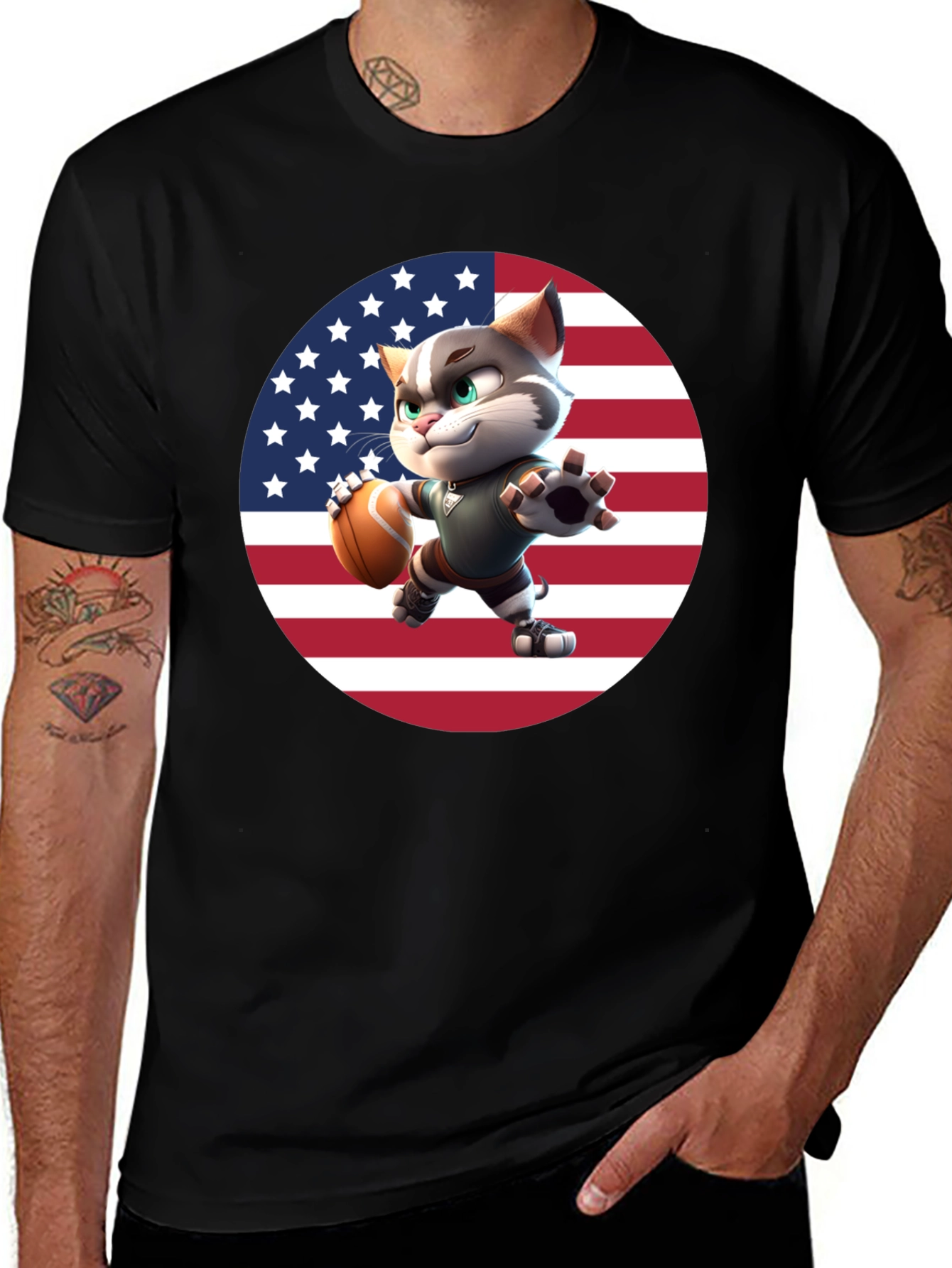 Patriotic Football Cat Graphic T-Shirt