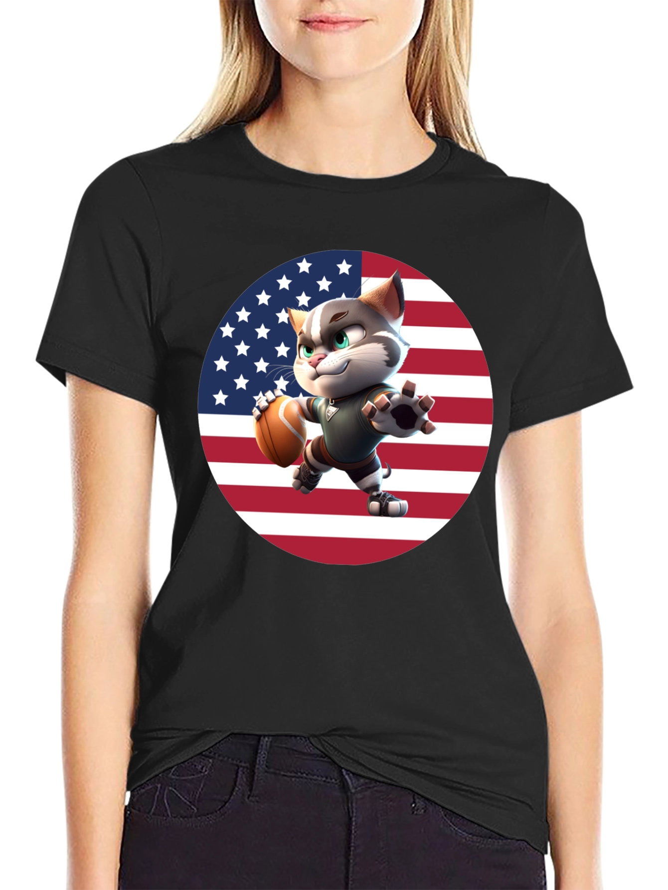 Patriotic Football Cat Graphic T-Shirt