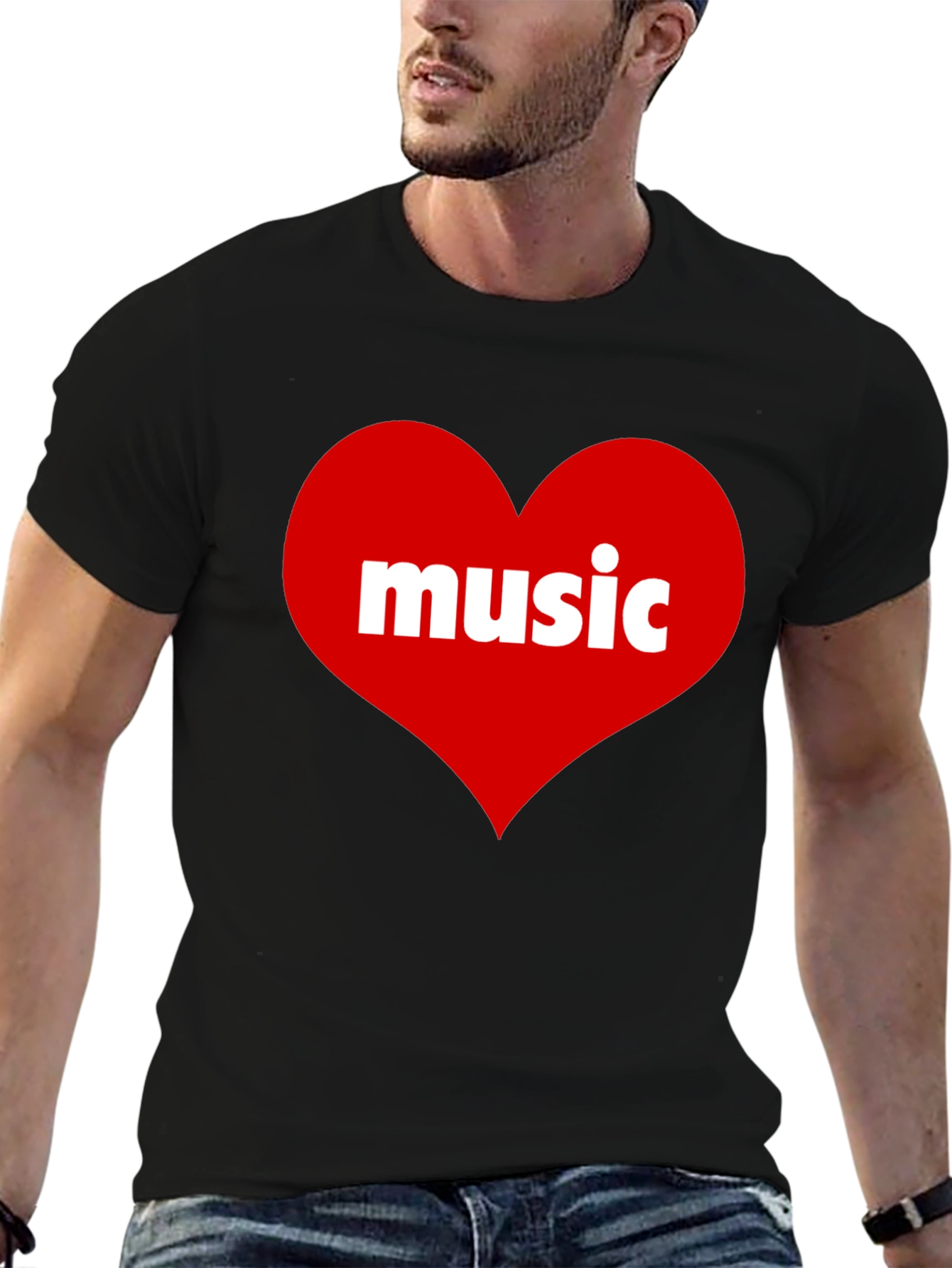 Music Lovers Black T-Shirt with Heart Design