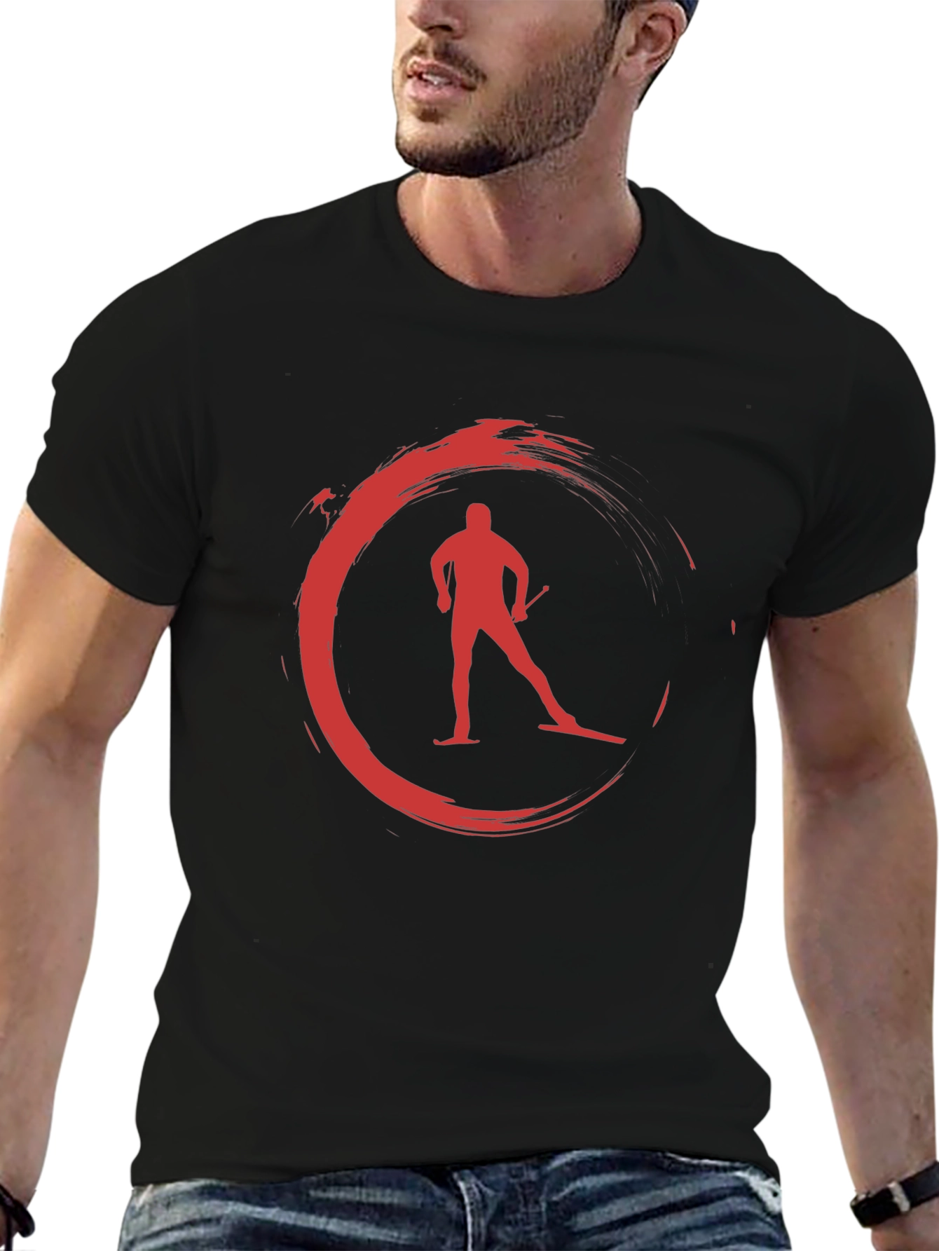 Red Skiing Circle Graphic Black T-Shirt