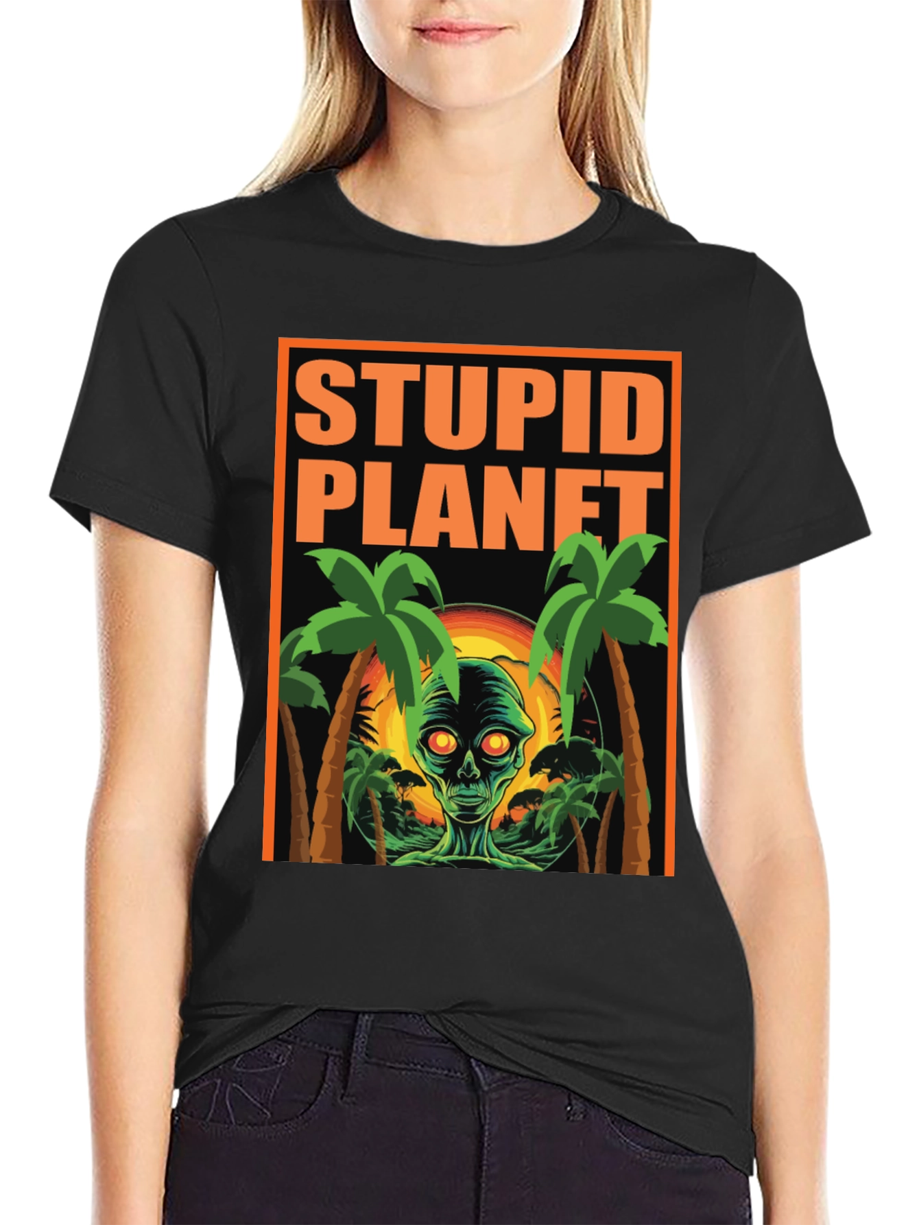 Stupid Planet Alien Graphic Tee - Black Cotton T-Shirt