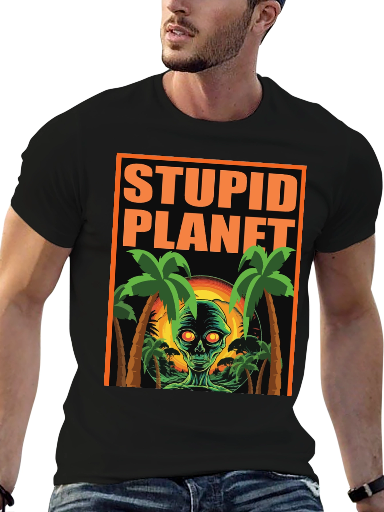 Stupid Planet Alien Graphic Tee - Black Cotton T-Shirt