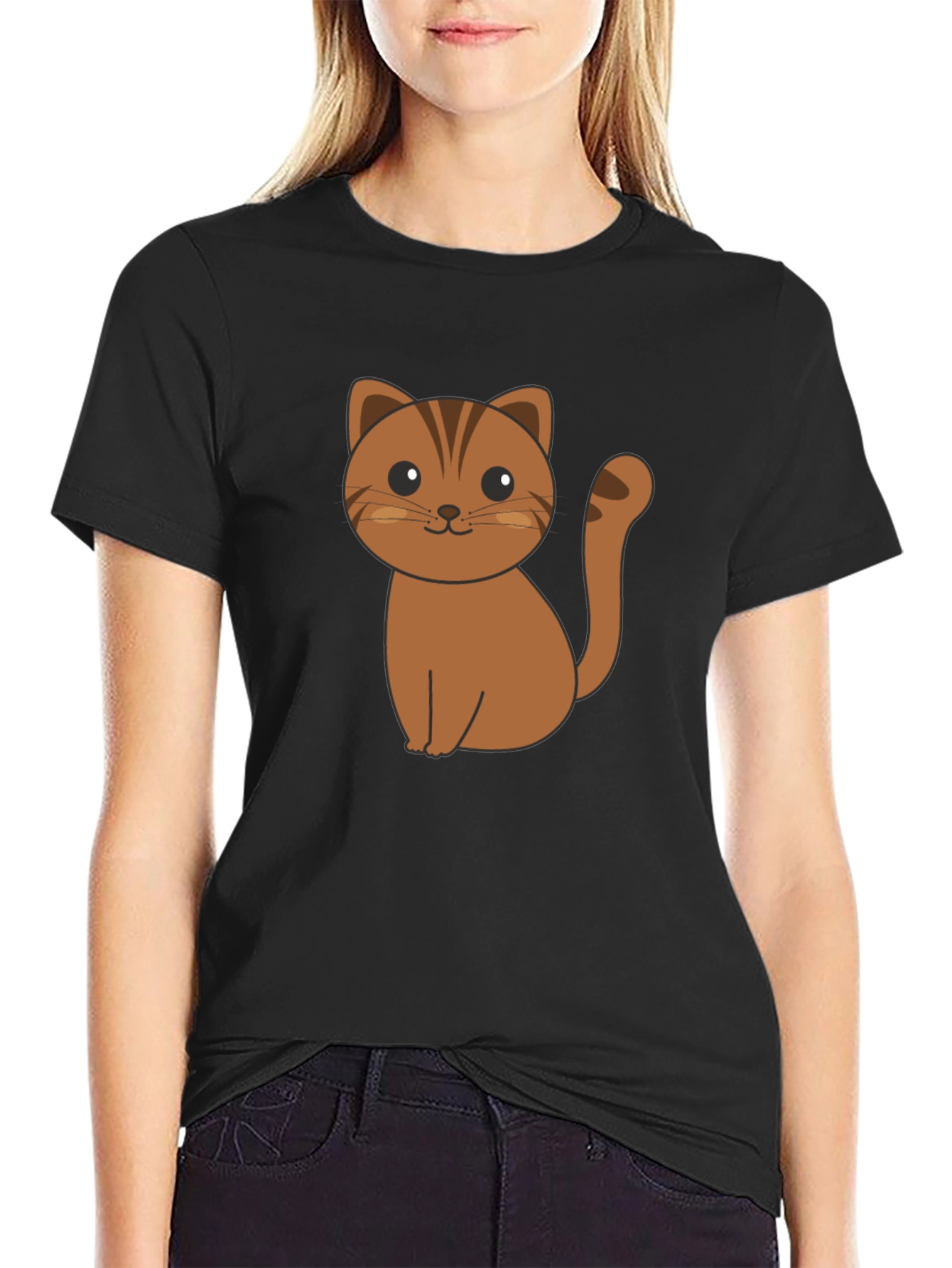 Cute Cartoon Cat Graphic Print Black T-Shirt