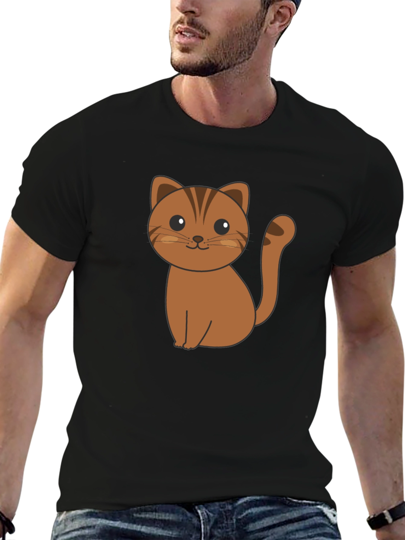 Cute Cartoon Cat Graphic Print Black T-Shirt