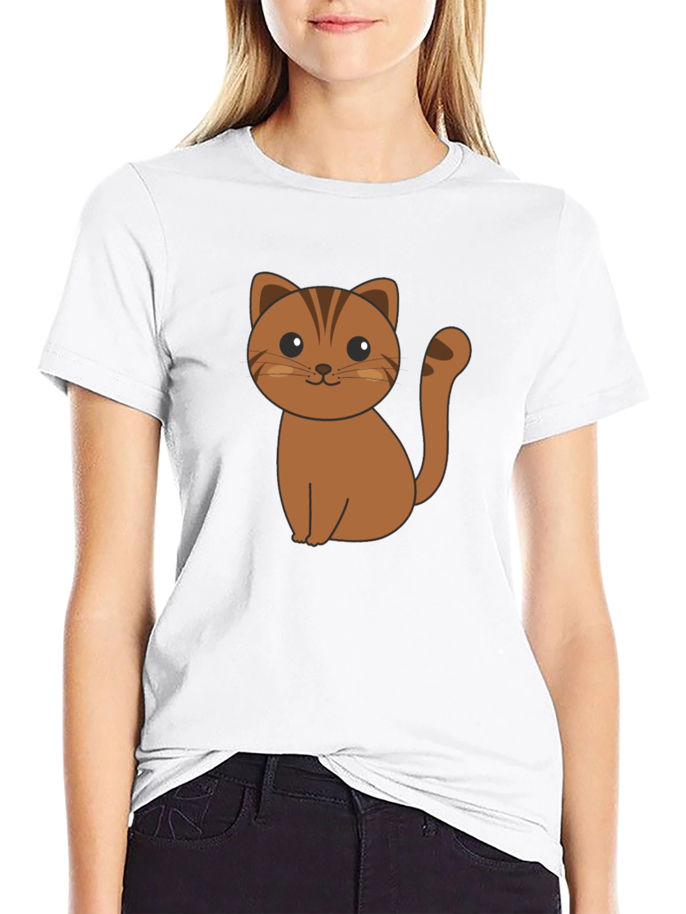 Cute Cartoon Cat Graphic Print Black T-Shirt