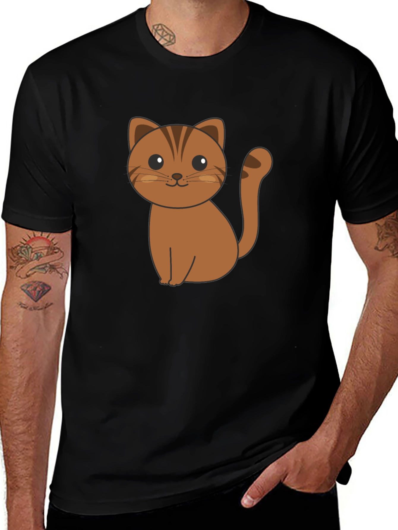 Cute Cartoon Cat Graphic Print Black T-Shirt