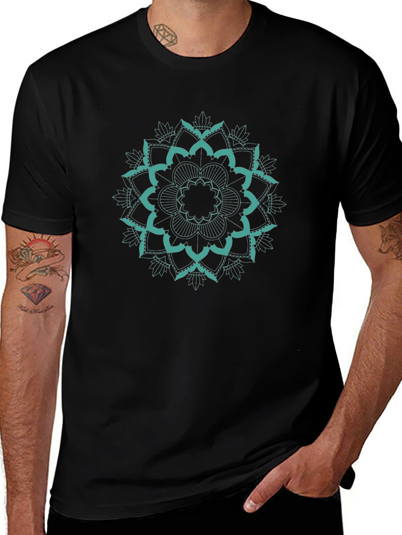 Teal Mandala Graphic Black T-Shirt