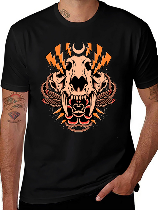Mens Black Graphic Tee - Animal Skull Design