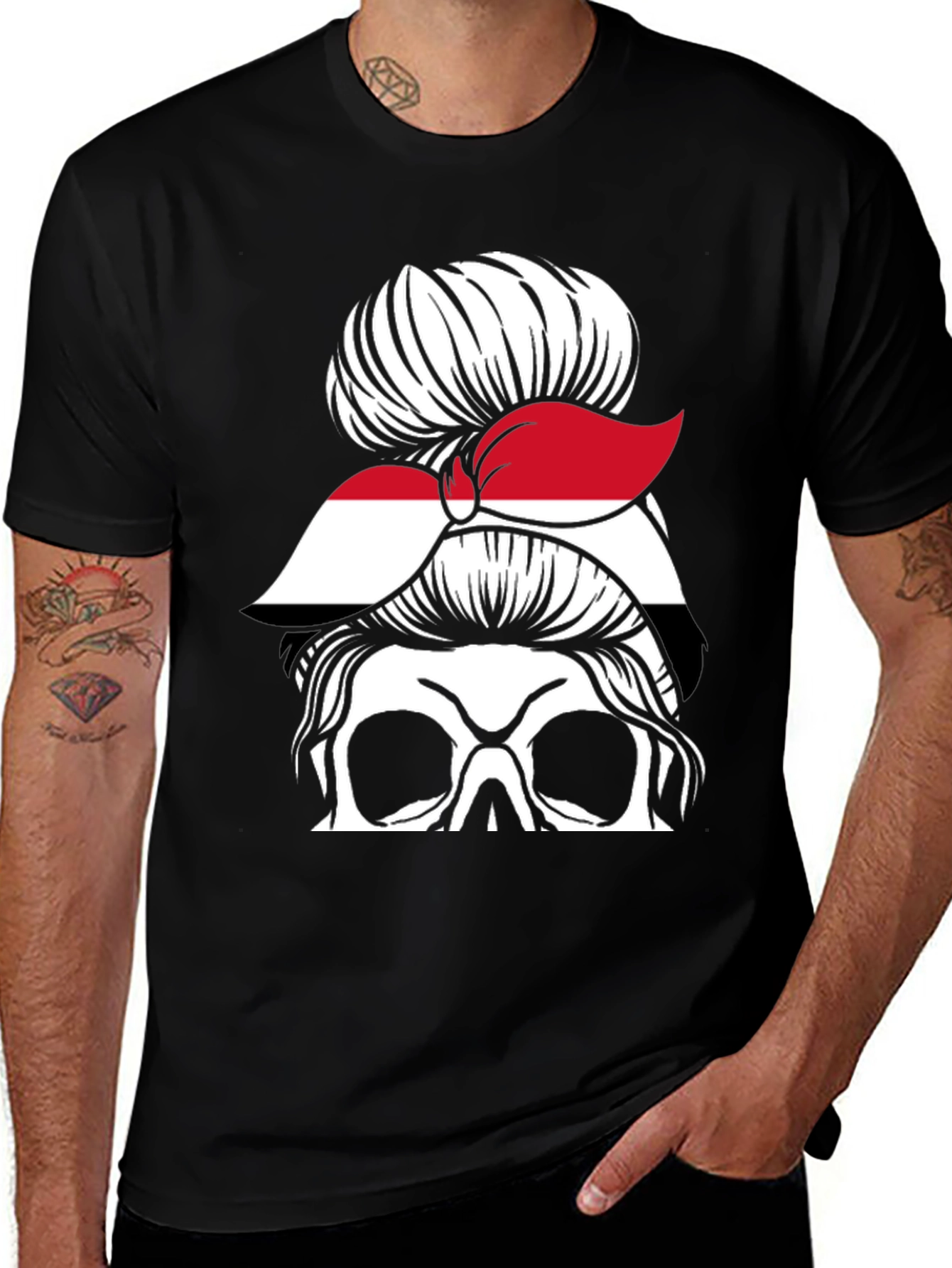 Messy Bun Yemen Flag Skull T-Shirt