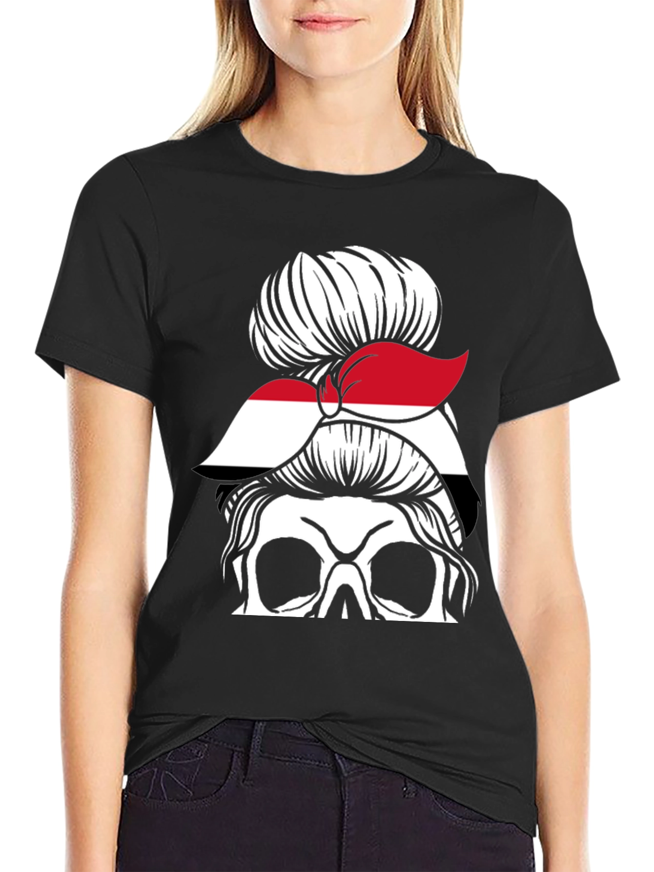 Messy Bun Yemen Flag Skull T-Shirt