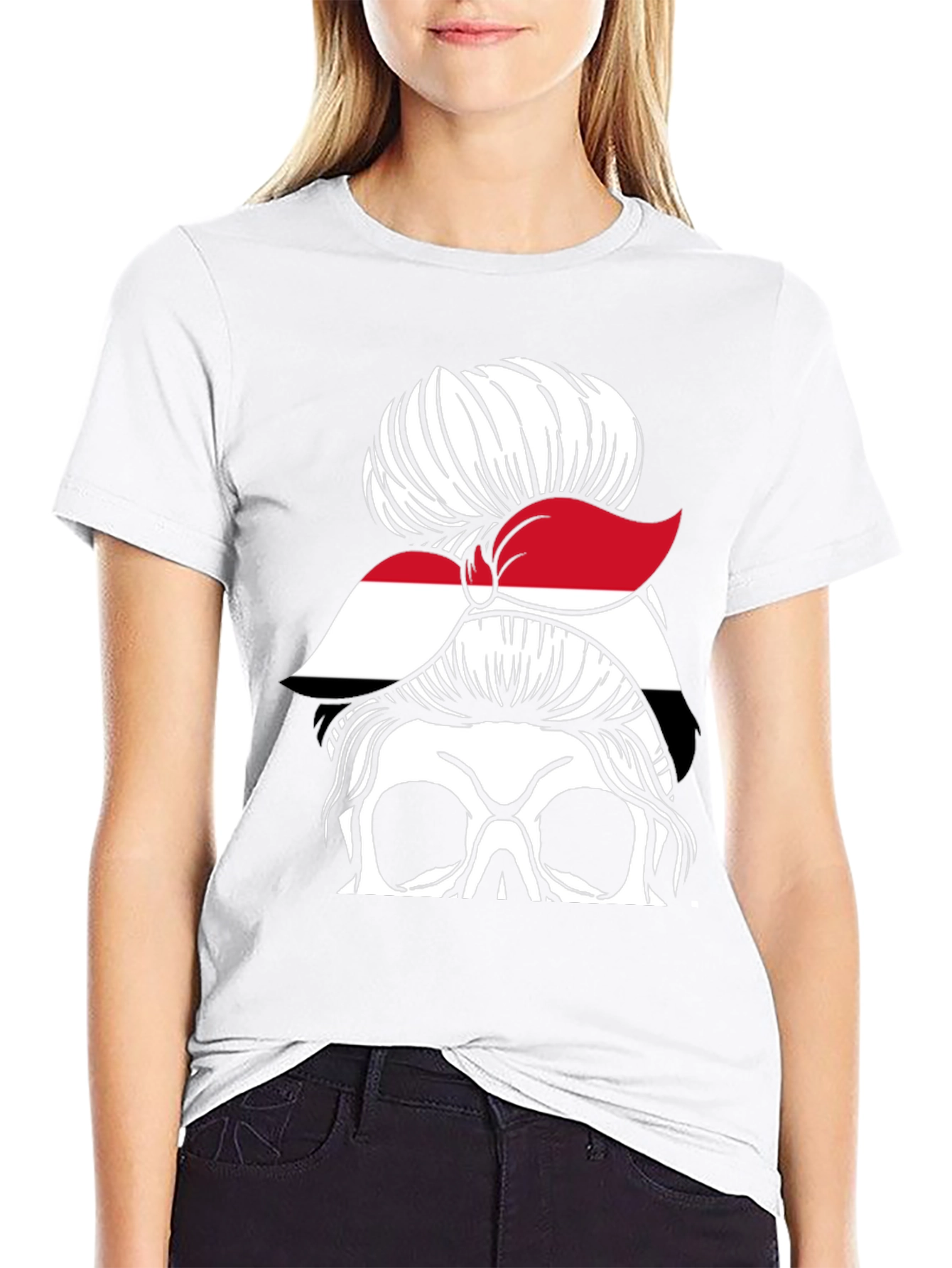 Messy Bun Yemen Flag Skull T-Shirt