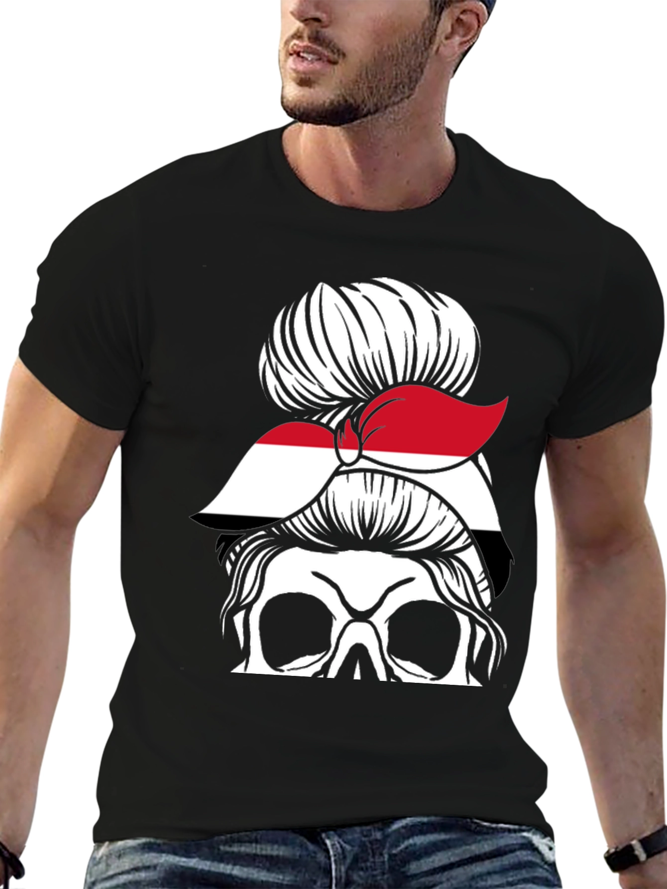 Messy Bun Yemen Flag Skull T-Shirt