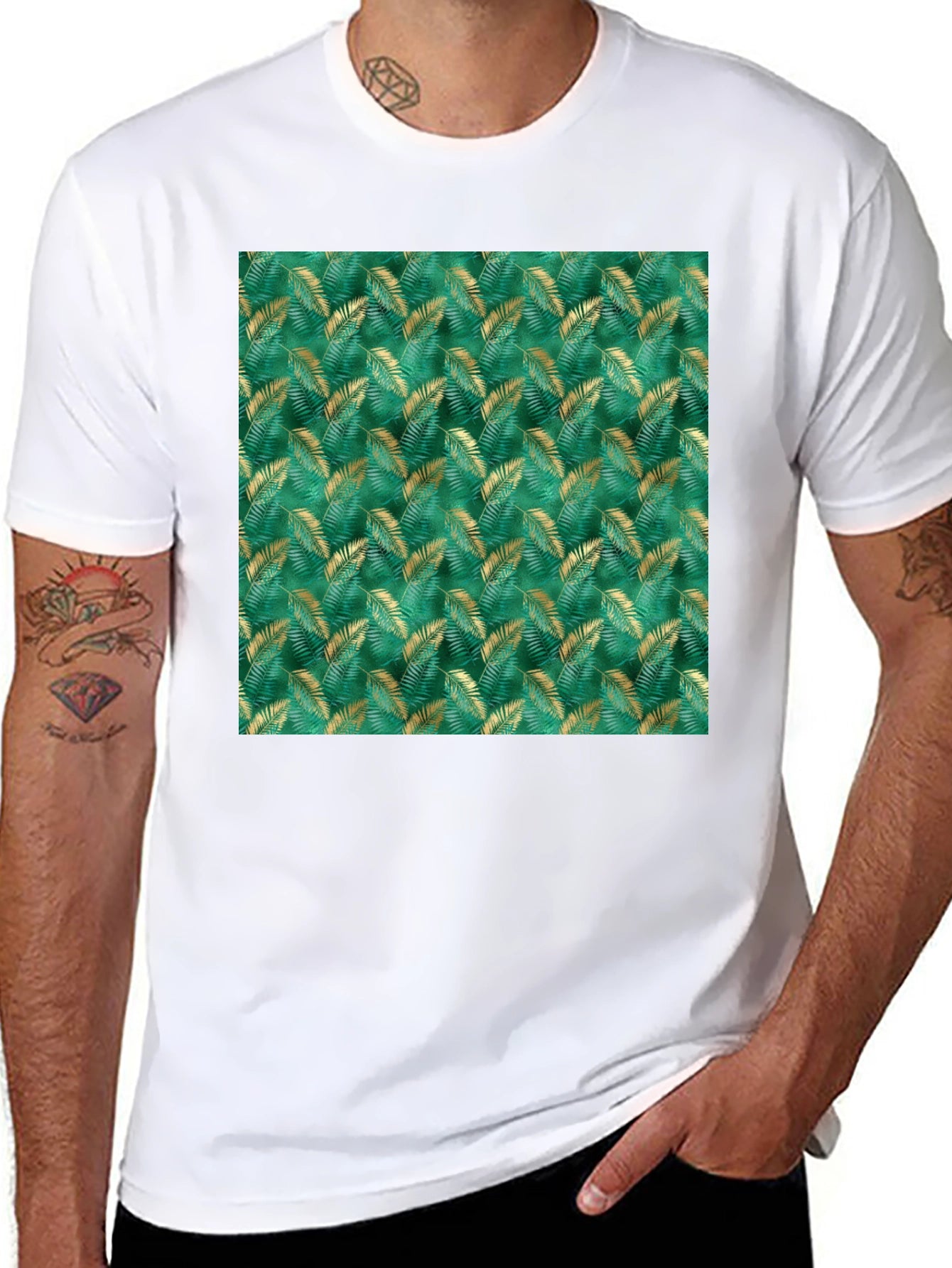 Tropical Leaf Print Black T-Shirt